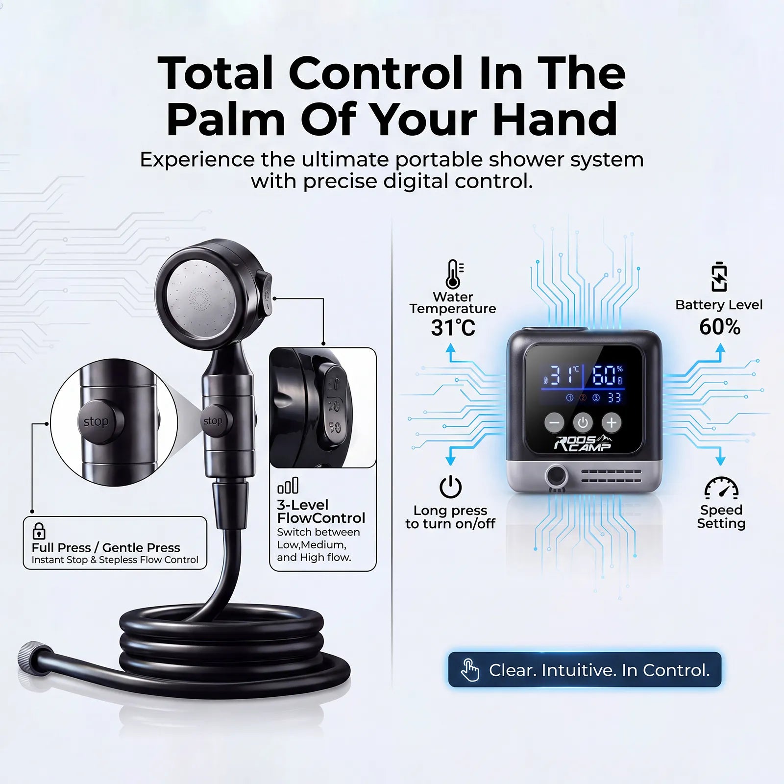 Roos Shower Pro handheld stop button and smart pump controls for water temperature, battery level and flow adjustment