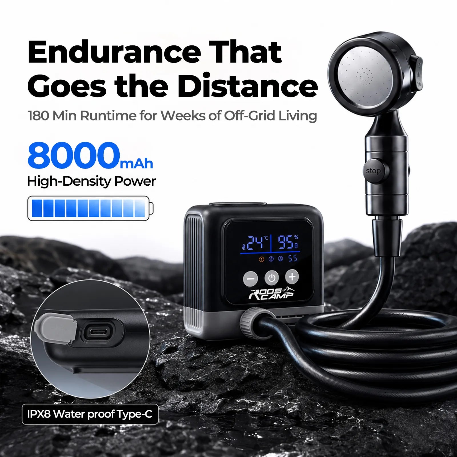 Roos Shower Pro 8000mAh portable camping shower with up to 180 minutes runtime and waterproof USB-C charging port