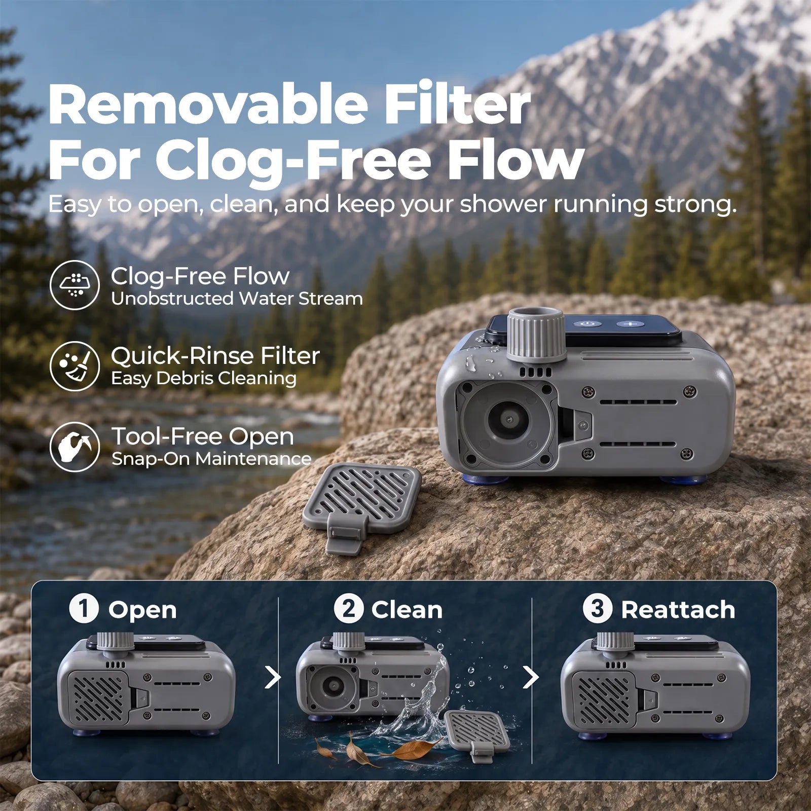 Portable shower pump with removable intake filter for easy cleaning and steady water flow