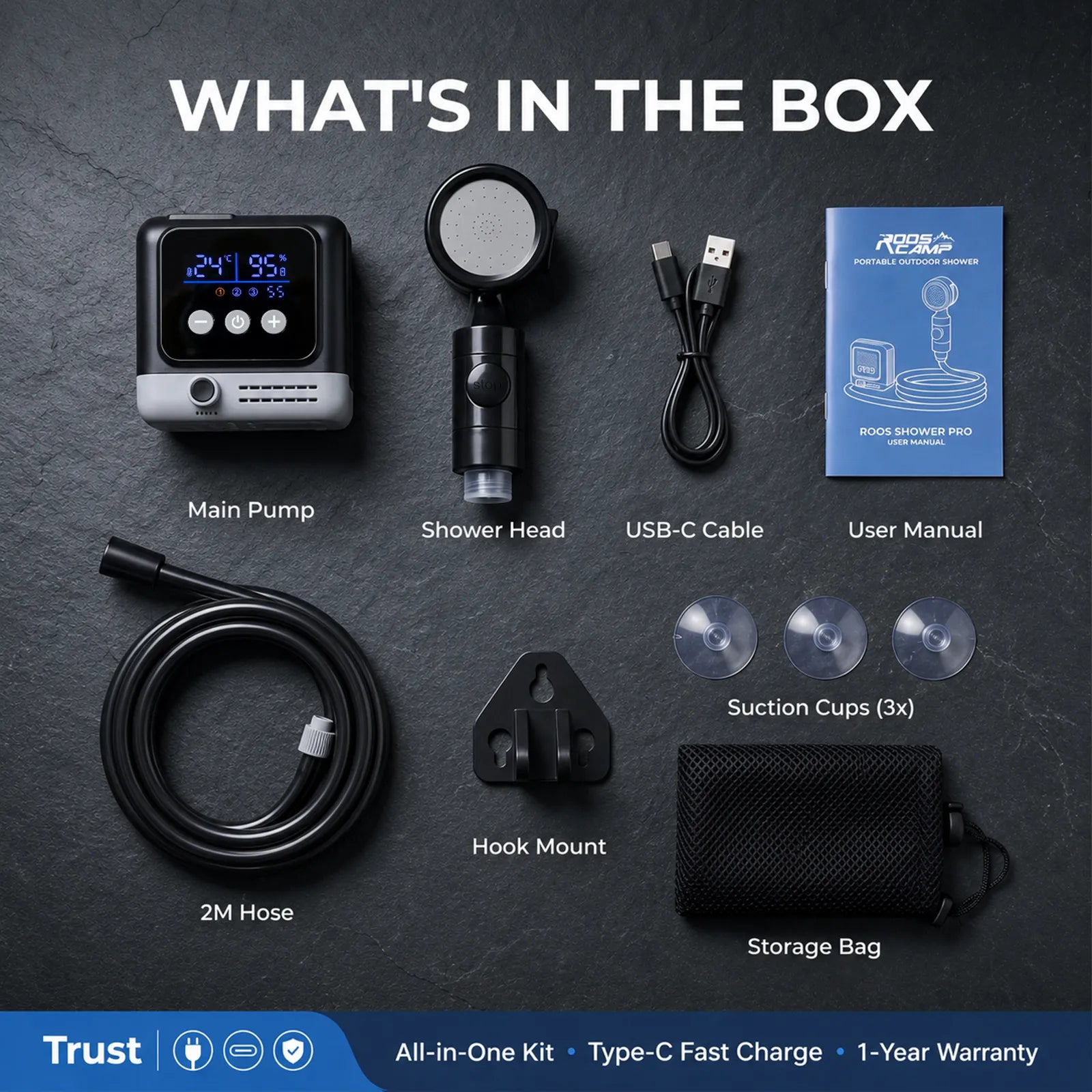 Complete portable outdoor shower kit with pump, shower head, hose, mounts, USB-C cable and storage bag