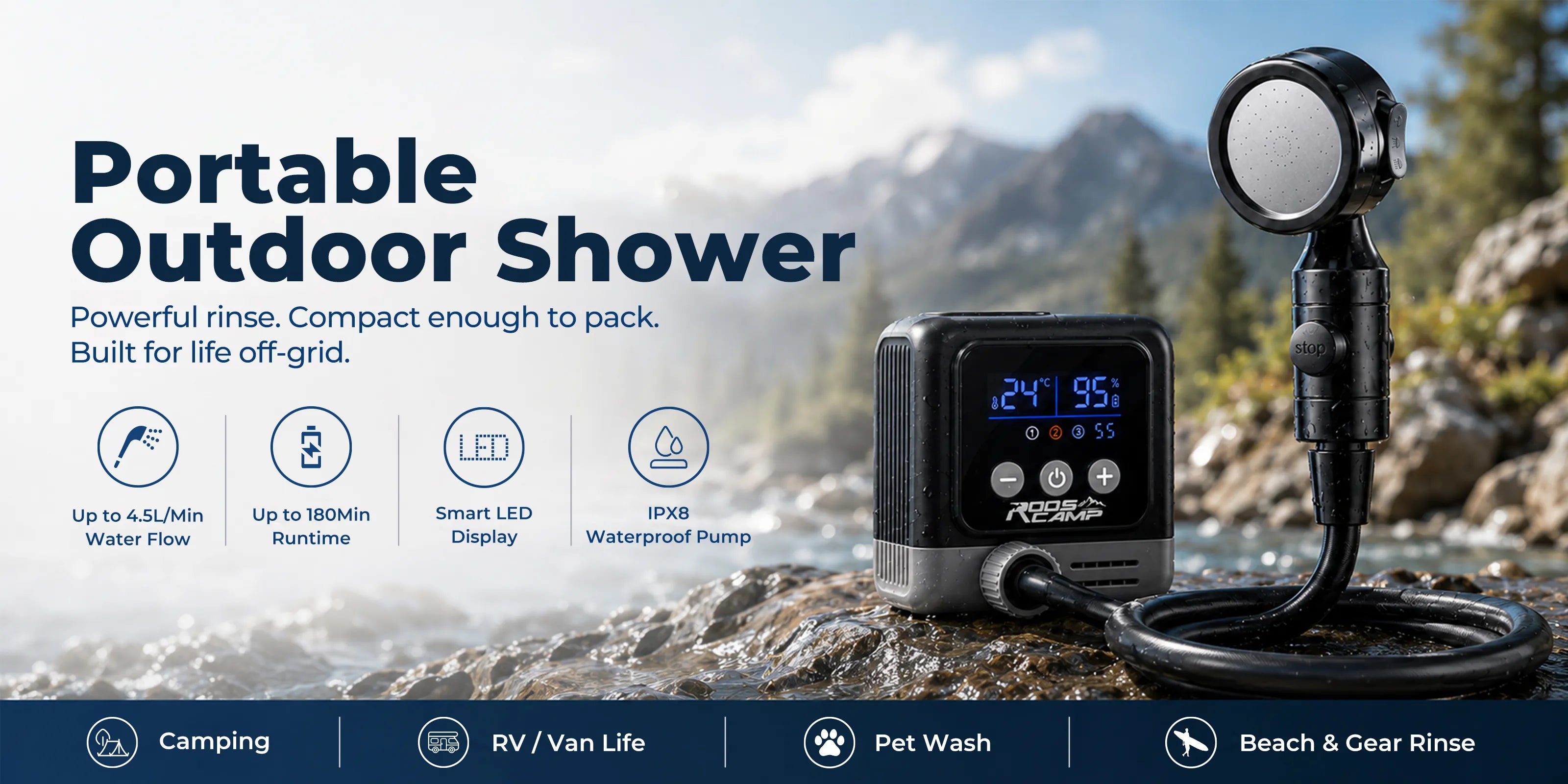 Roos Shower Pro portable outdoor shower with 4.5 L/min flow, smart display, long runtime and IPX8 waterproof pump