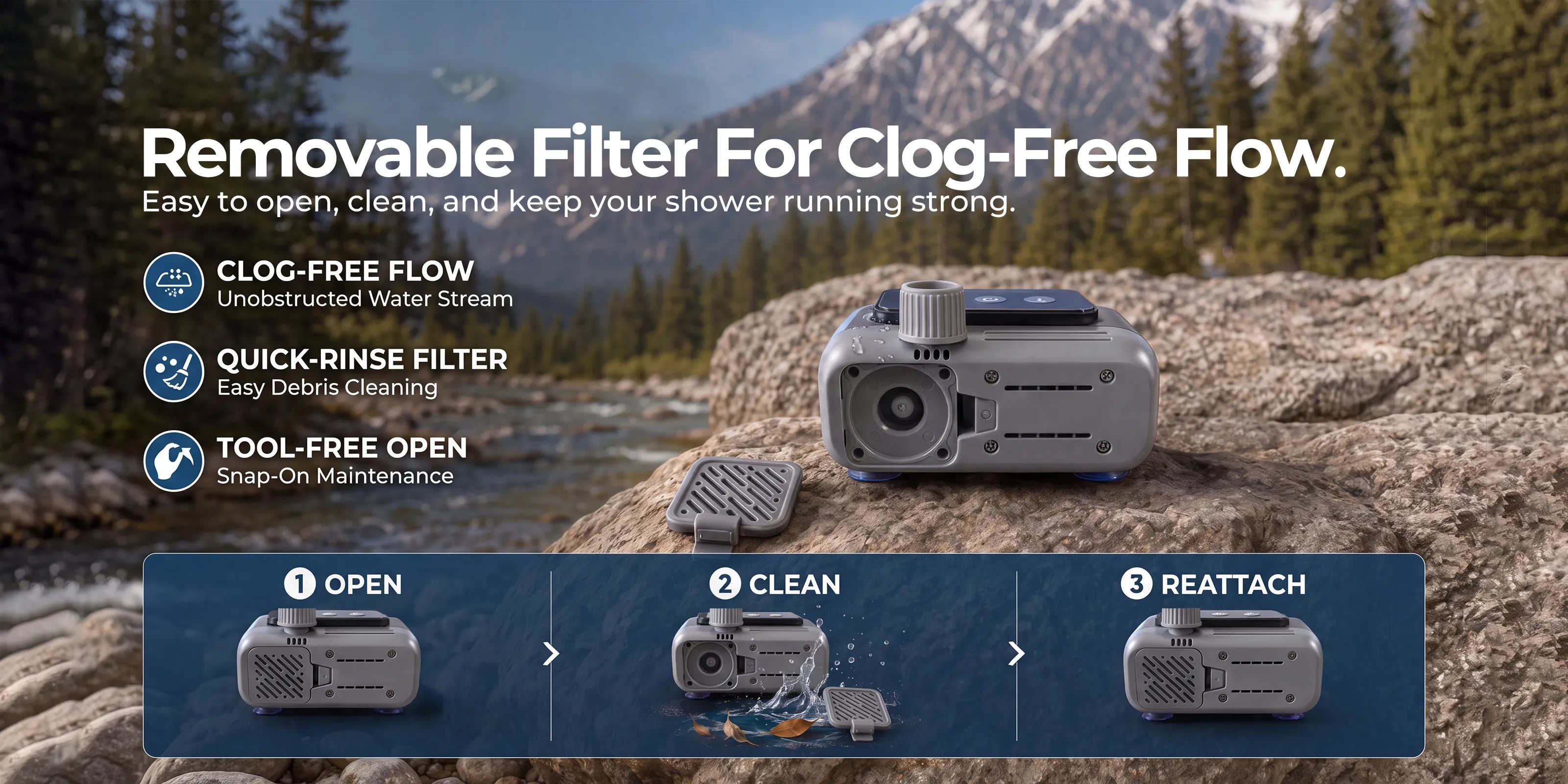 Three-step guide for opening, cleaning and reattaching the Roos Shower Pro removable pump filter