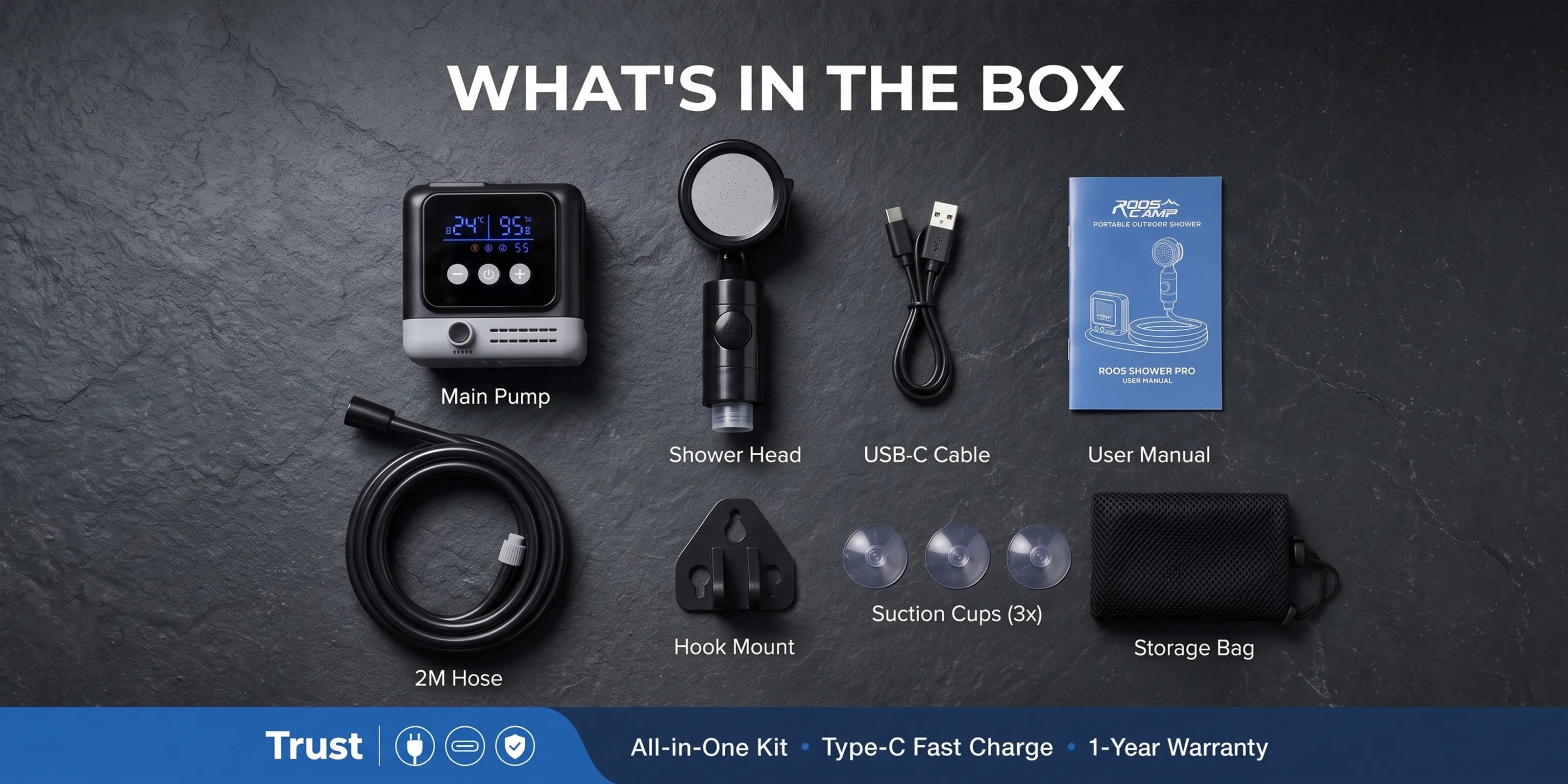 Roos Shower Pro portable shower kit with pump, shower head, hose, mounting accessories, charging cable and storage bag
