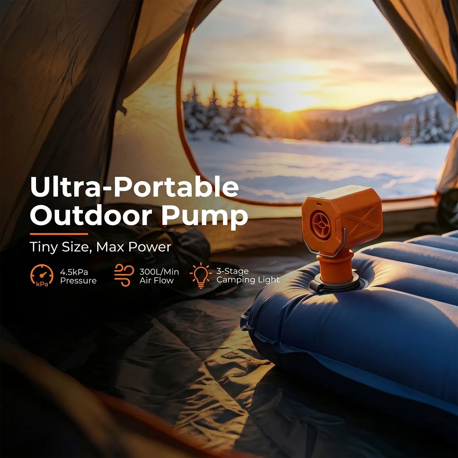 ROOS CAMP ultra-portable outdoor air pump inflating an air mattress inside a camping tent at sunrise.