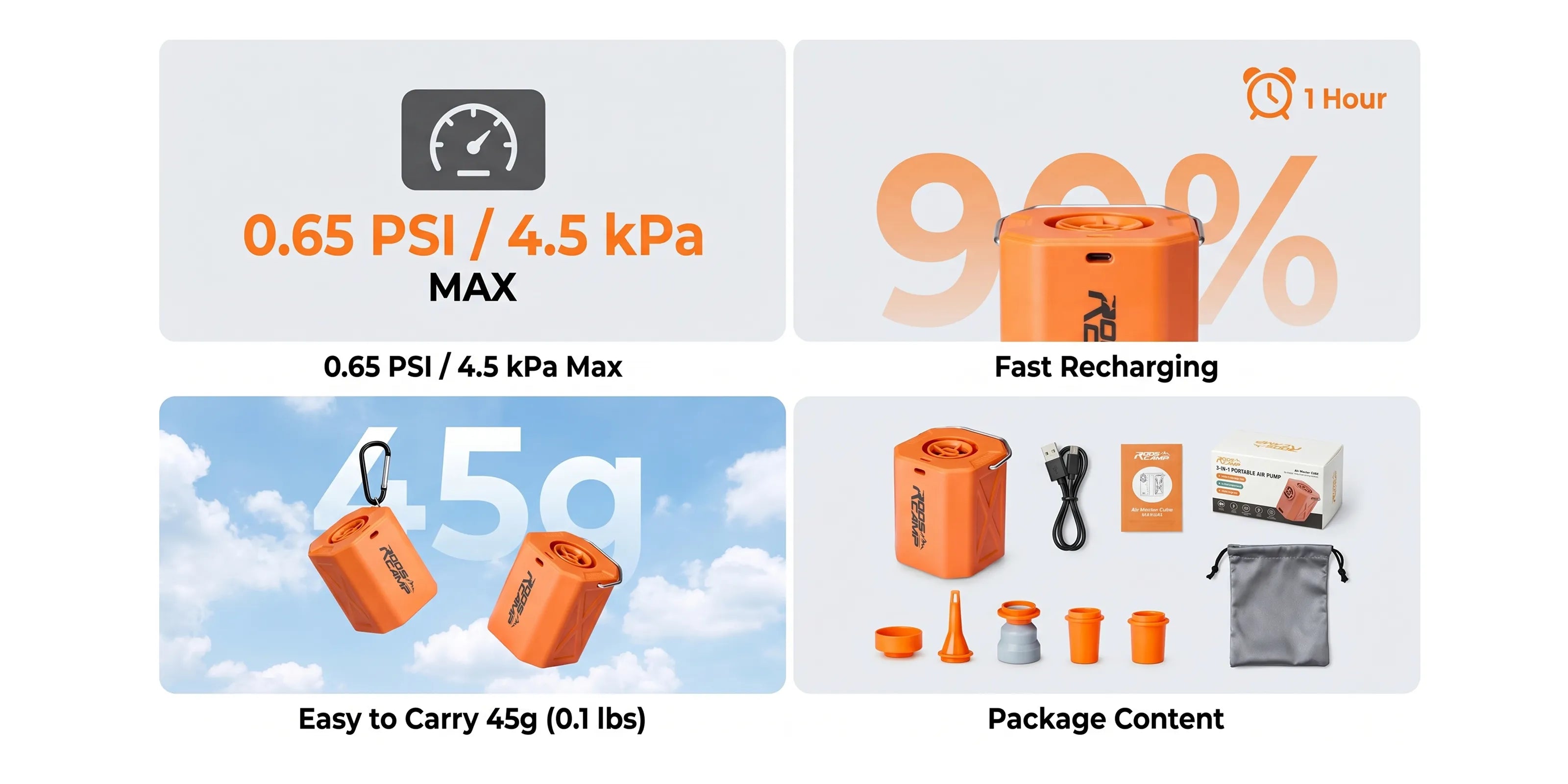 Overview of the Roos Camp air master cube package contents, including the mini pump, 0.65 PSI / 4.5 kPa specs, charging cable, manual, pouch, and 5 nozzles.