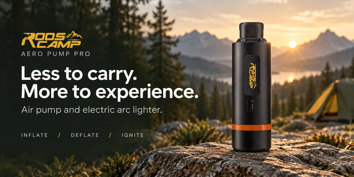 ROOS CAMP Aero Pump Pro banner highlighting 3-in-1 air pump, vacuum deflator, and electric arc lighter functions
