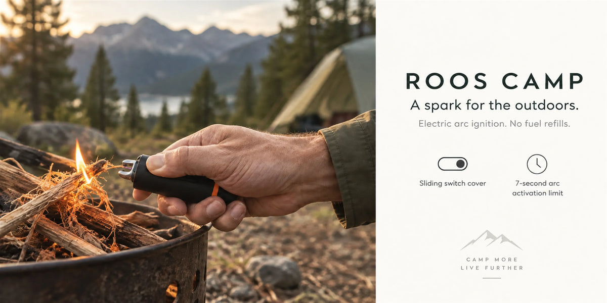 ROOS CAMP Aero Pump Pro used as a fuel-free electric arc fire starter at a campsite campfire