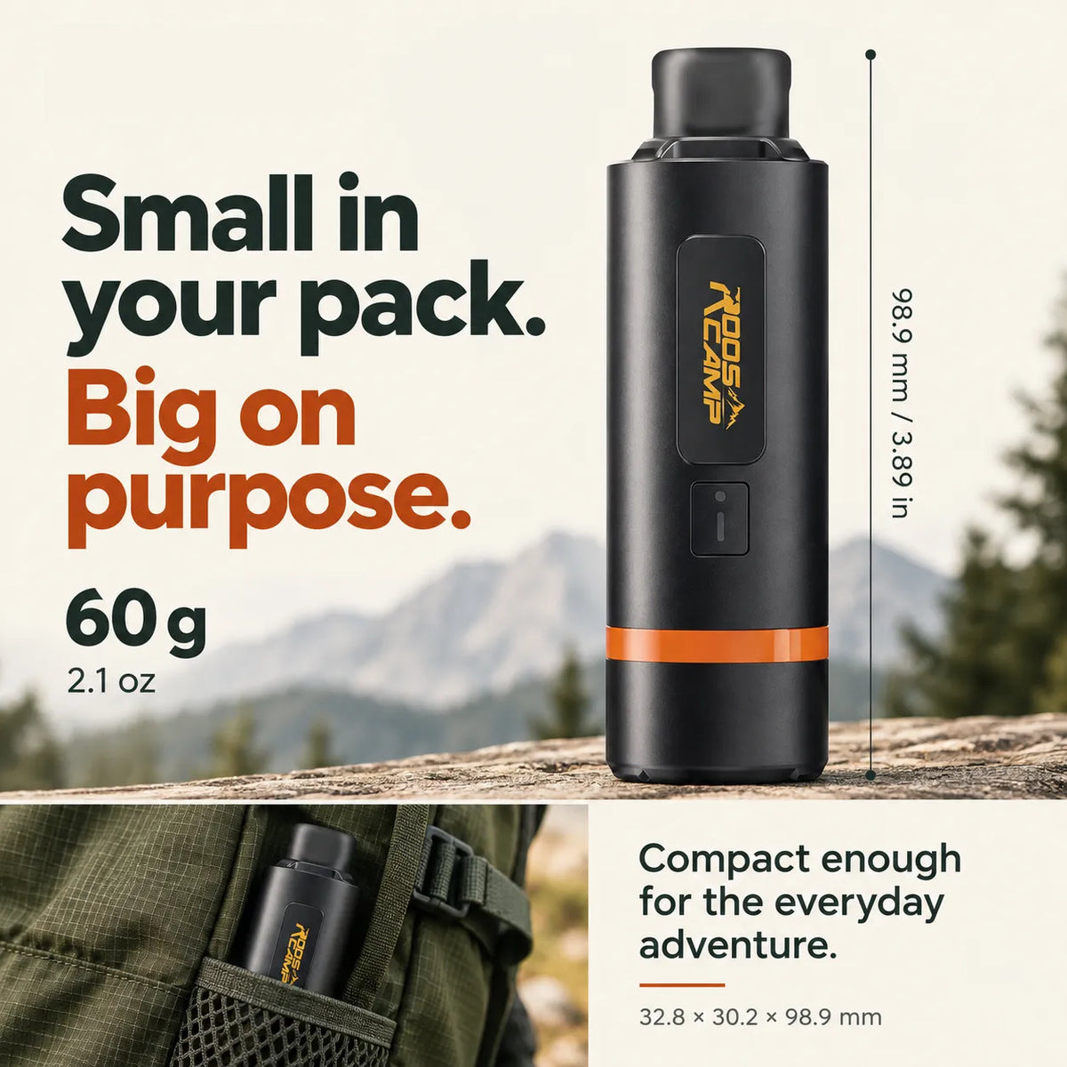 ROOS CAMP Aero Pump Pro compact size and lightweight 60g specifications display