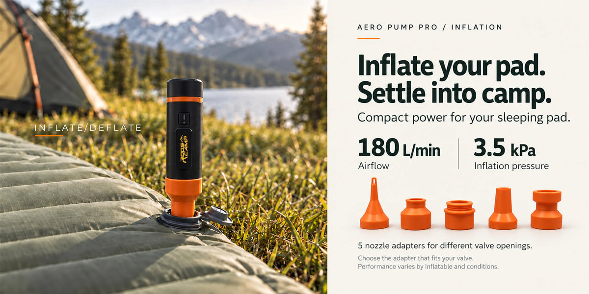 ROOS CAMP Aero Pump Pro inflating a camping pad with 180 L/min airflow and 5 nozzle adapters
