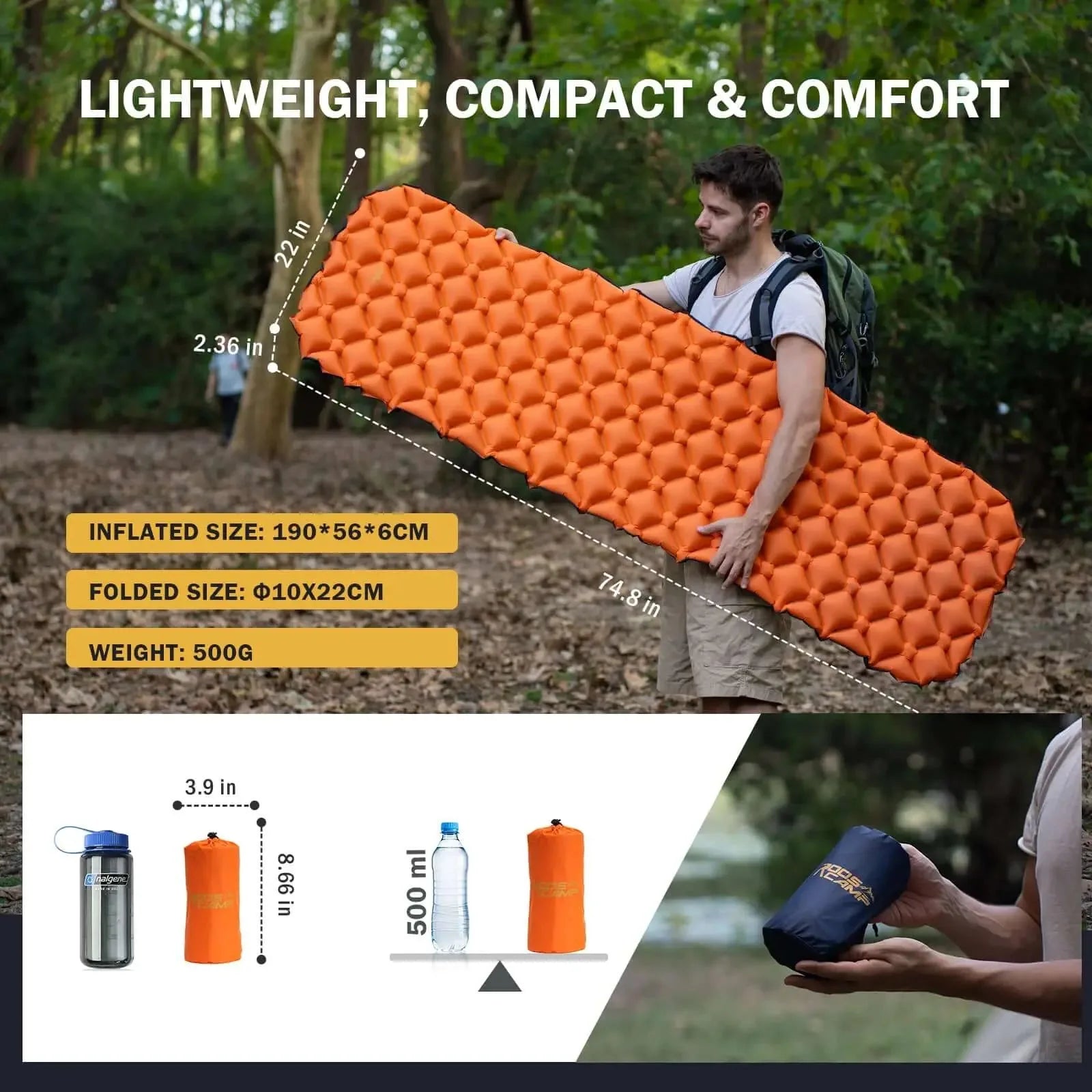 RoosCamp RoosPad Ultra orange sleeping pad with quilted air cells and close-ups of 40D nylon, TPU coating, waterproofing and thermal insulation