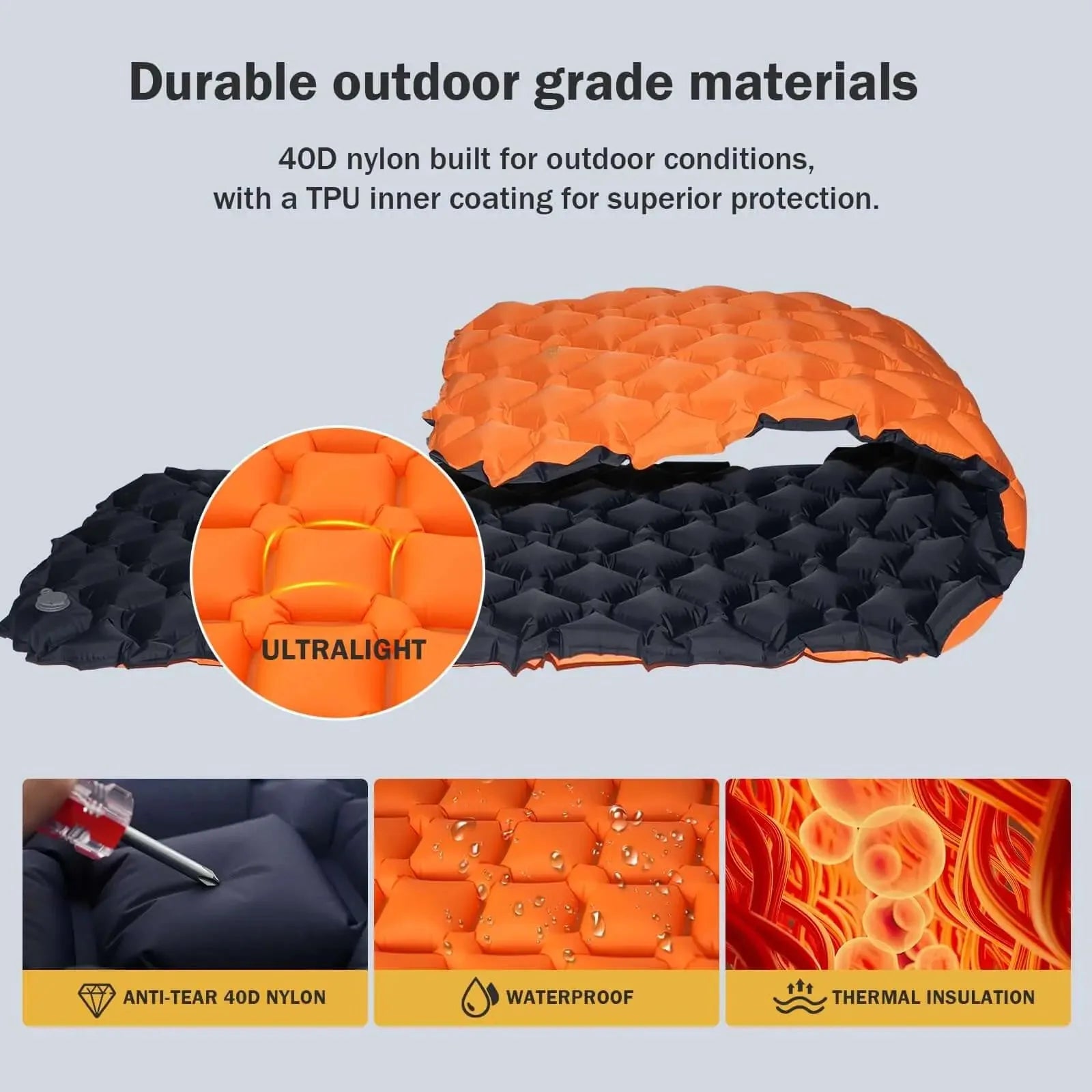 Orange RoosPad Ultra sleeping pad shown in a tent with a camper resting on its cushioned surface