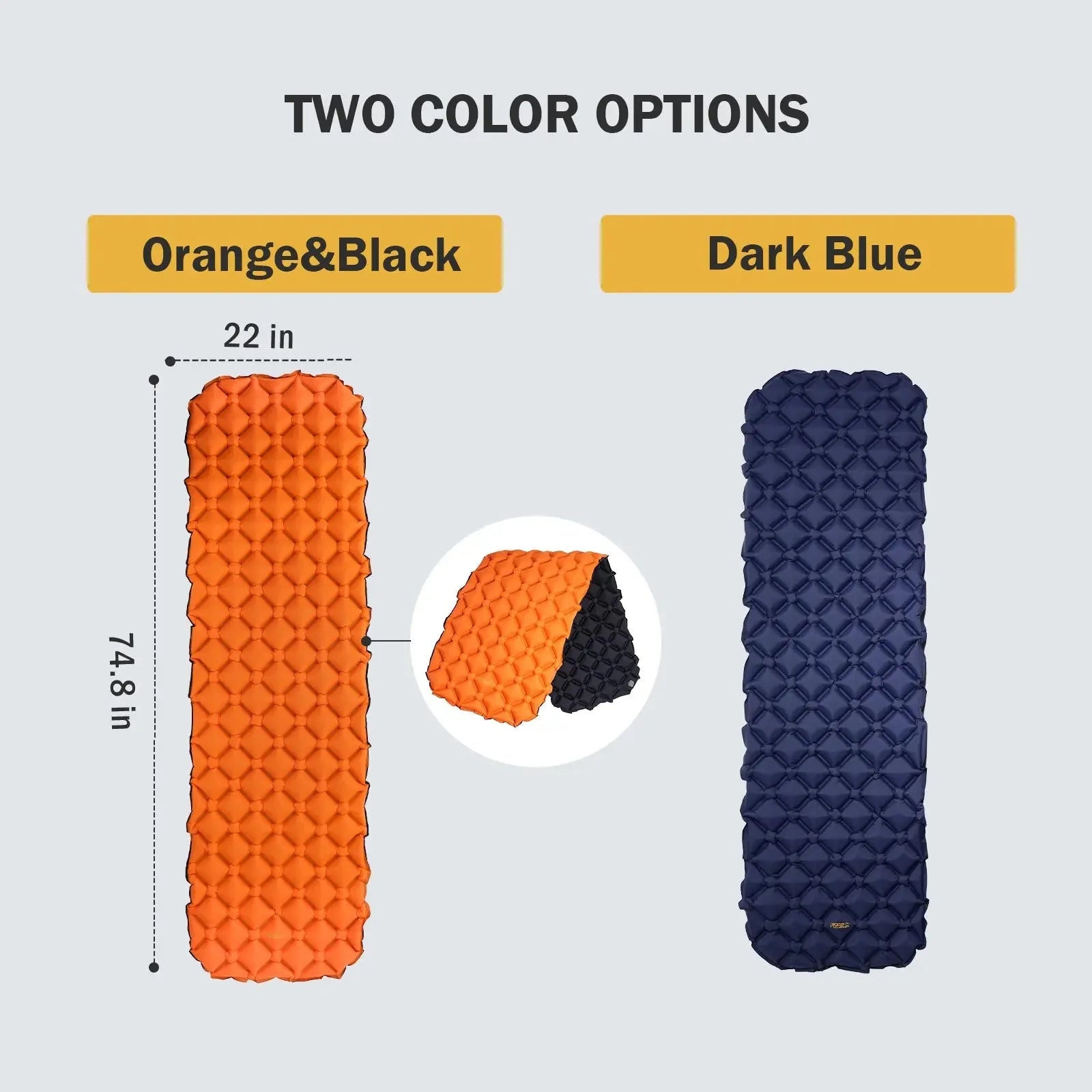 RoosCamp RoosPad Ultra sleeping pad in Orange & Black and Dark Blue with a 22 by 74.8 inch size comparison
