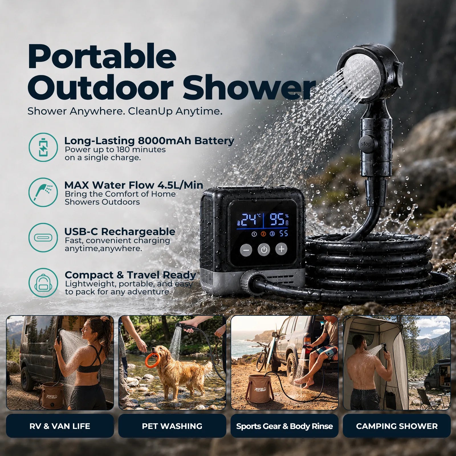 Roos Shower Pro battery-powered outdoor shower for camping, RV travel, pet washing, body rinsing and gear cleanup
