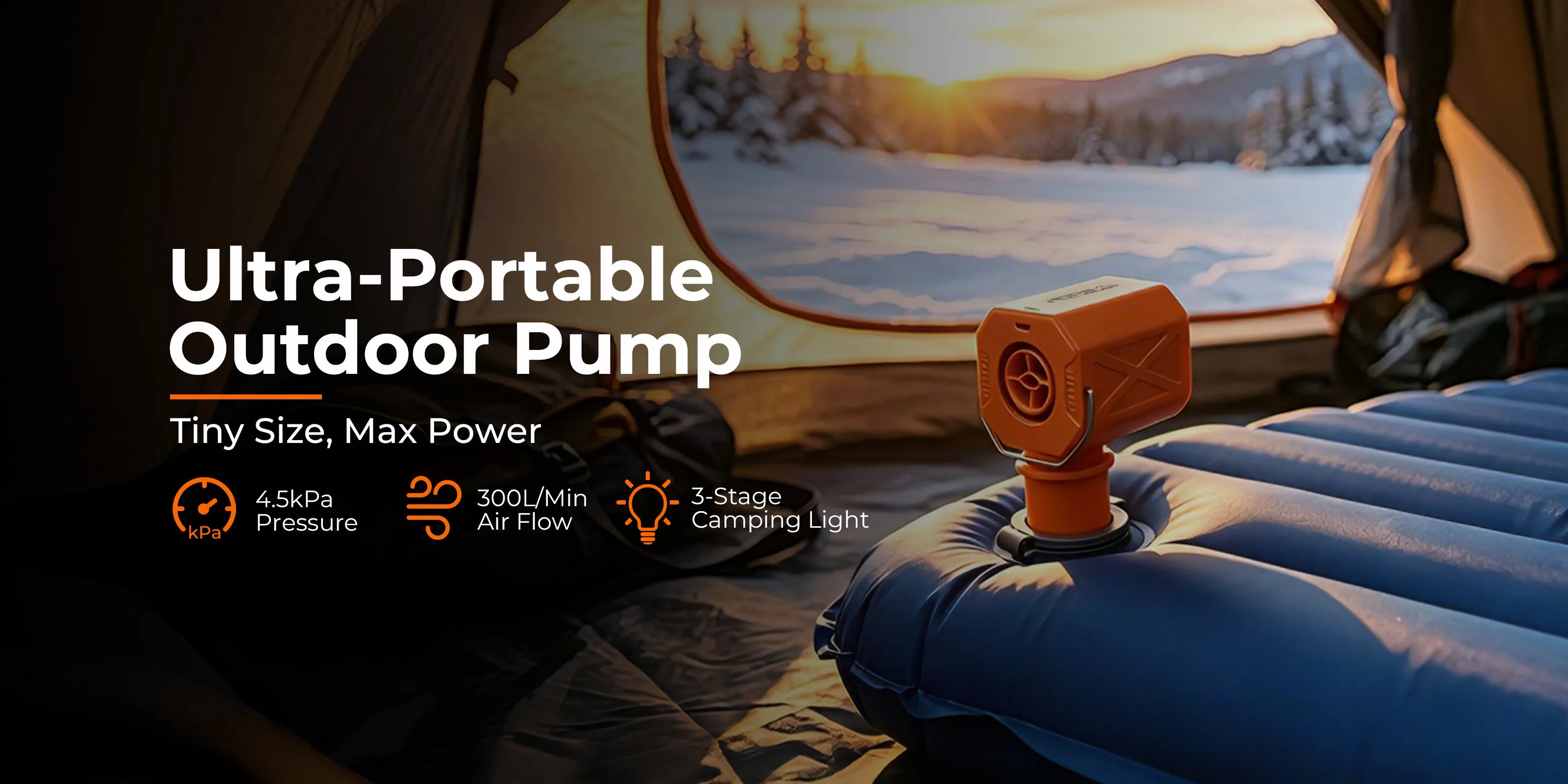 Roos Camp ultra-portable electric air pump inflating an air mattress inside a tent during a camping trip at sunrise.