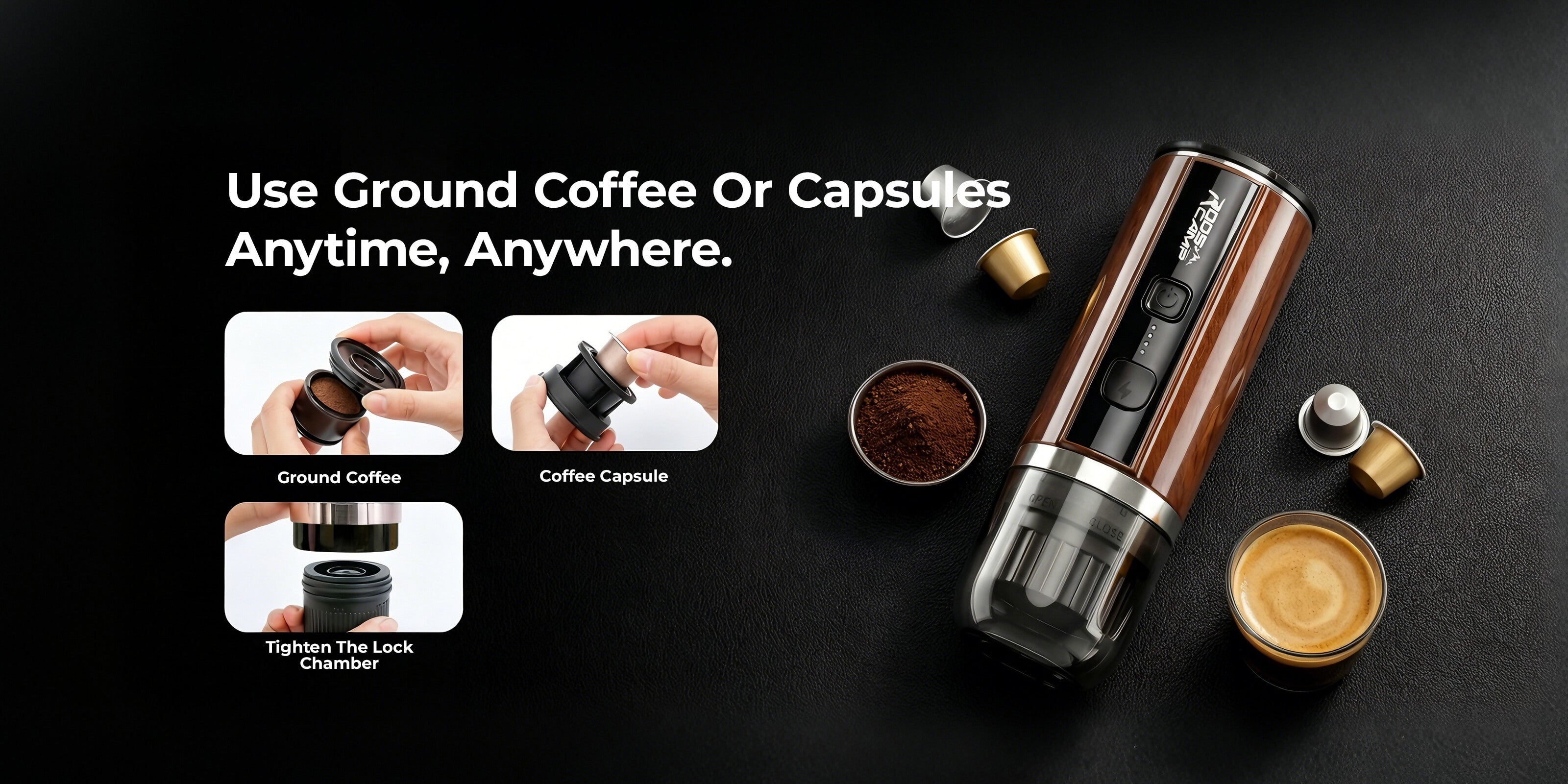 The 2-in-1 portable coffee maker design showing universal compatibility with Nespresso capsules and fresh ground coffee baskets.