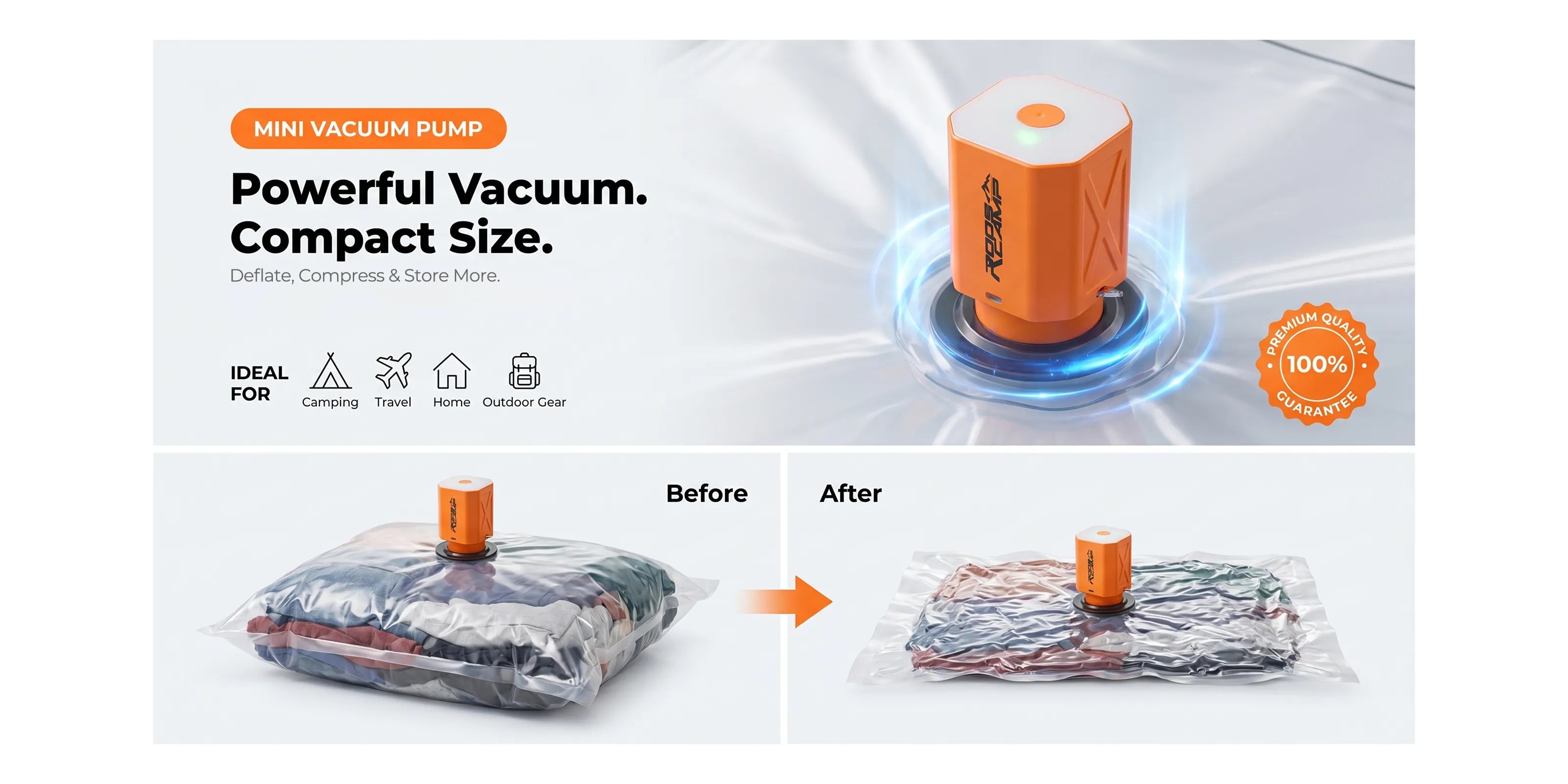 Roos Camp mini vacuum pump compressing a clothing storage bag for travel, showing before and after results.