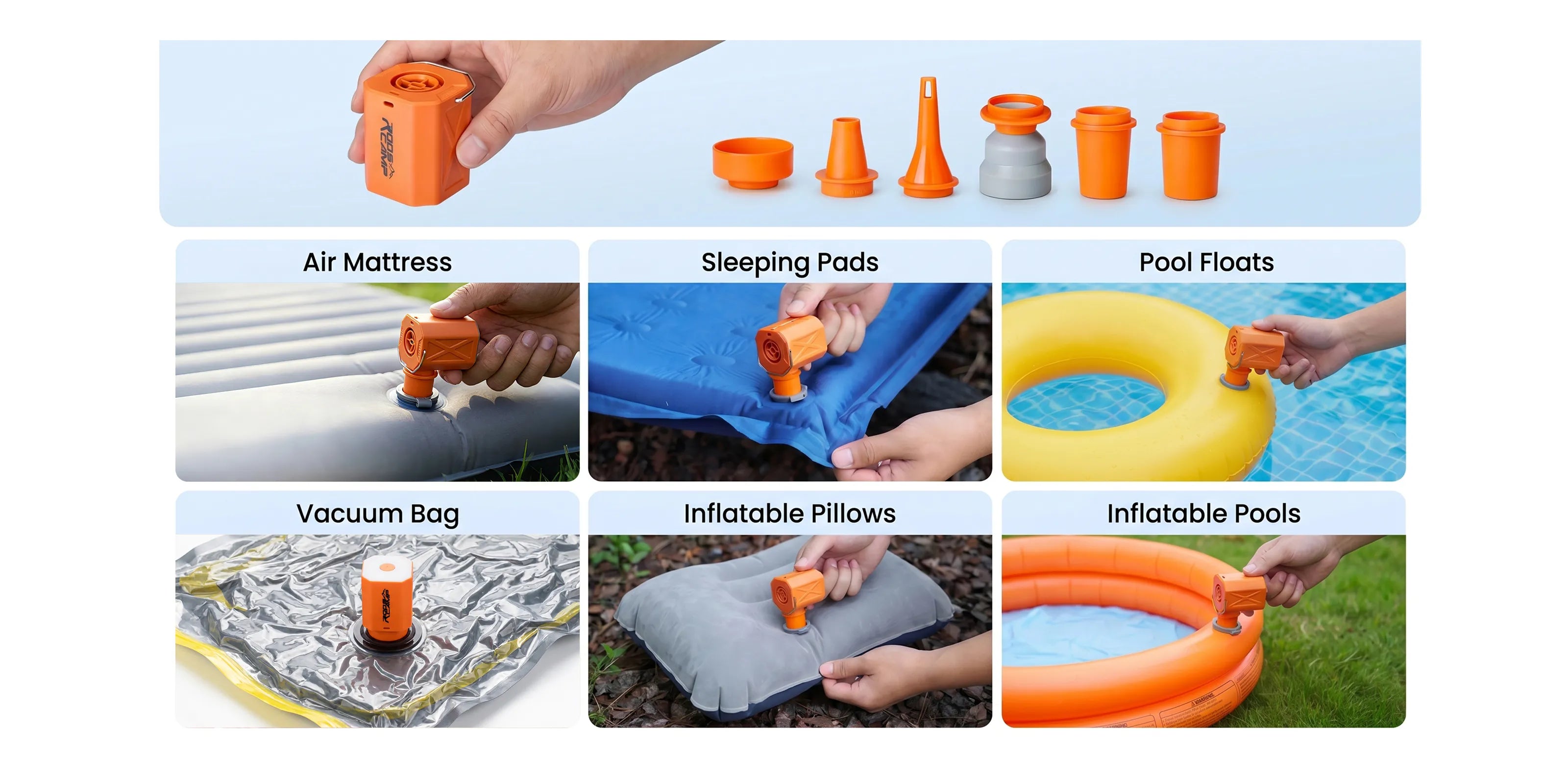 Infographic demonstrating the Roos Camp portable air pump being used with various nozzles for air mattresses, sleeping pads, pool floats, and vacuum bags.