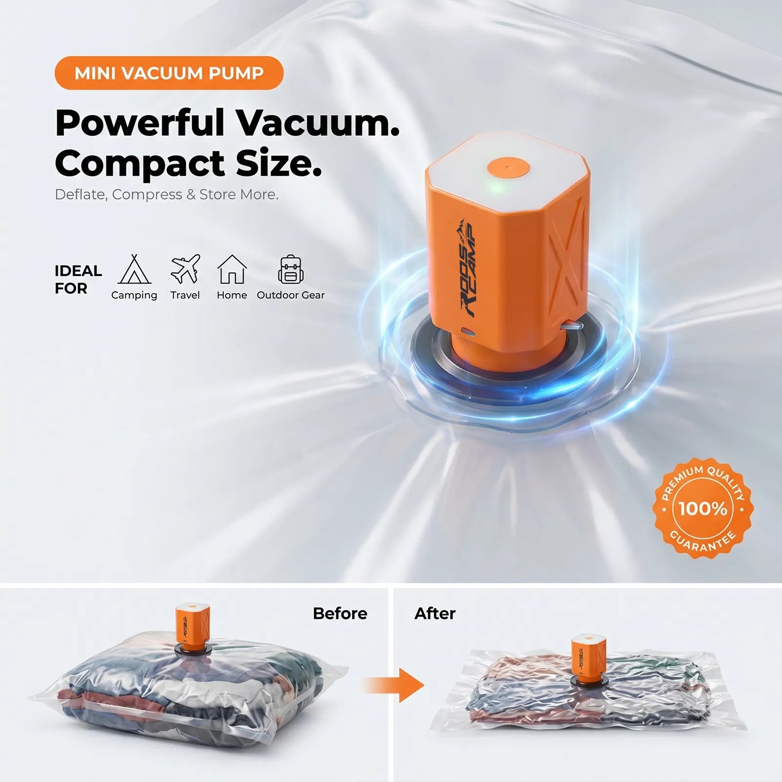 ROOS CAMP mini vacuum pump functioning as a compression tool for vacuum storage bags, showing before and after results for travel and home organization.