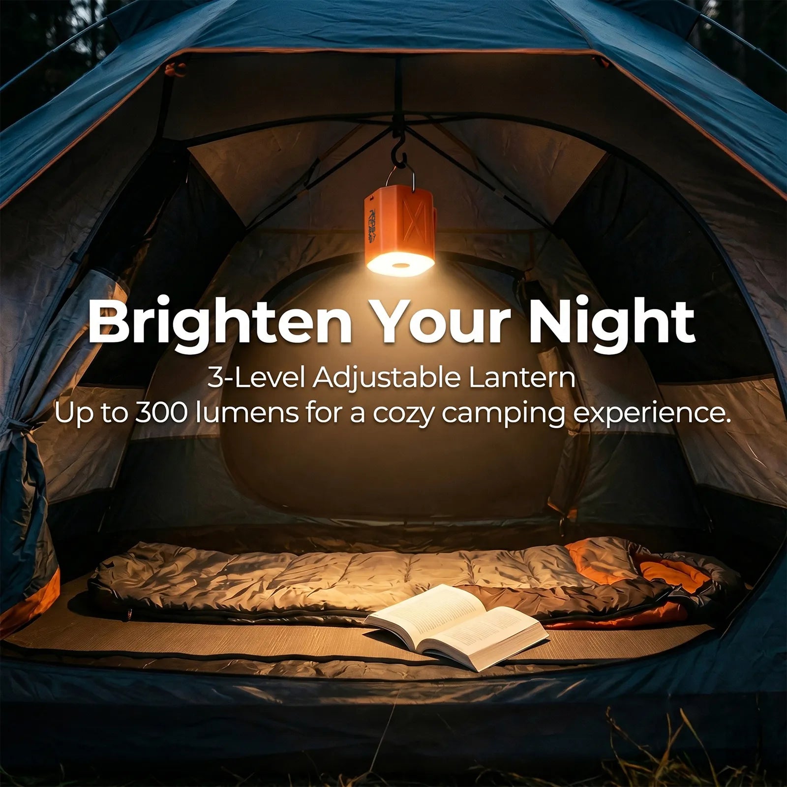 ROOS CAMP 3-level adjustable LED camping lantern hanging inside a tent, providing up to 300 lumens of warm lighting for night camping.