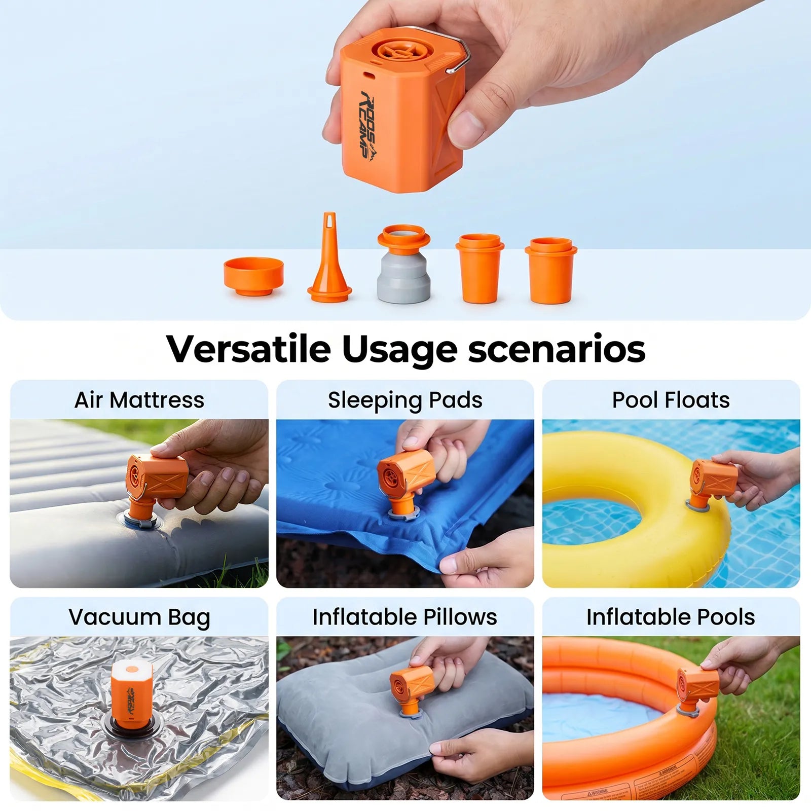 Infographic demonstrating the versatile usage scenarios of the ROOS CAMP portable air pump for air mattresses, sleeping pads, pool floats, vacuum bags, and pillows.