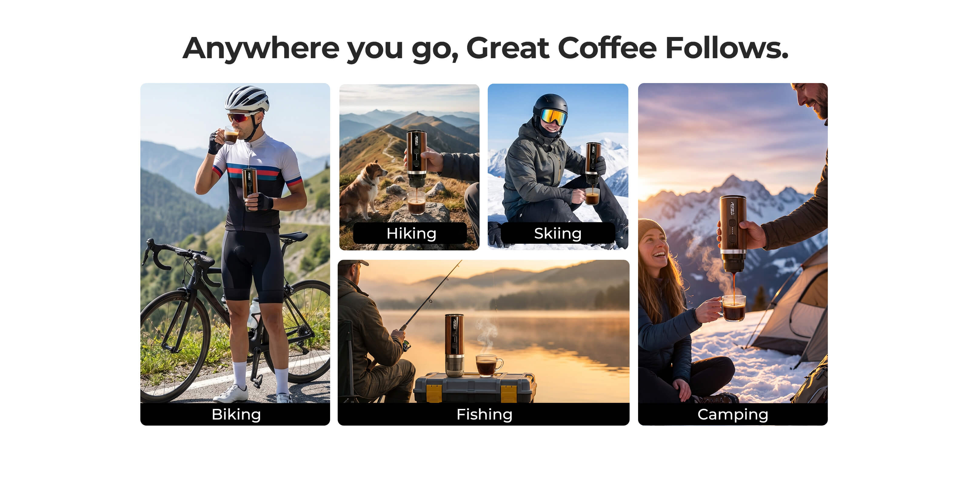 A collage showcasing the portable camping coffee maker being used during various outdoor adventures including biking, hiking, skiing, fishing, and camping.