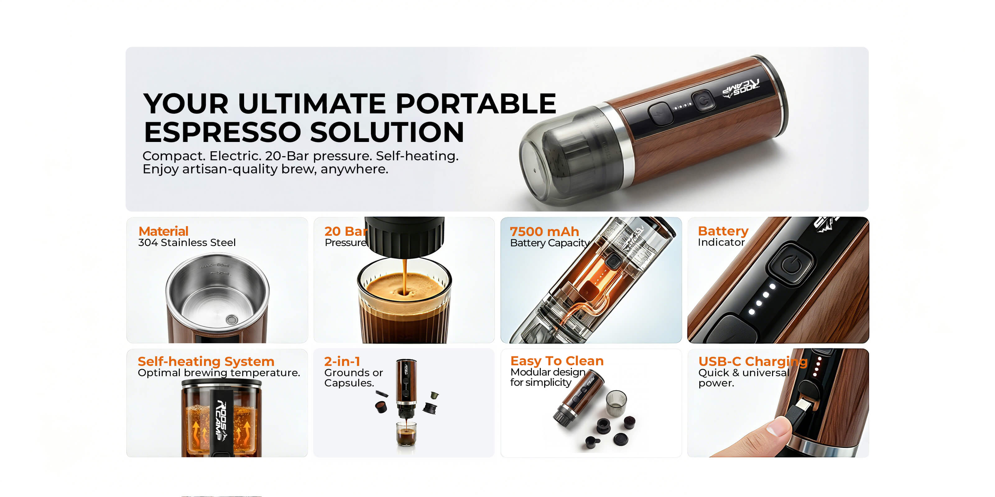 A technical specifications chart for the portable espresso solution, detailing the 7500mAh battery, 304 stainless steel interior, and 80ml capacity.