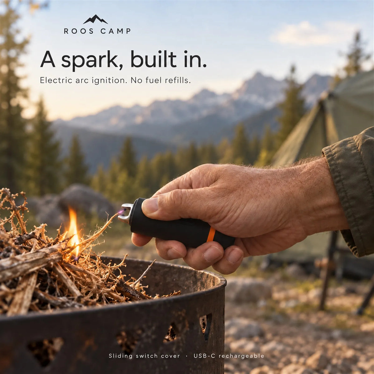 User igniting a campfire with ROOS CAMP Aero Pump Pro electric arc lighter