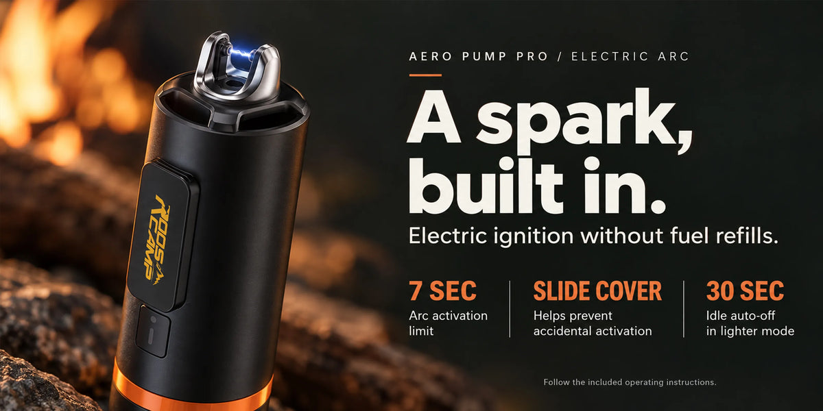 ROOS CAMP Aero Pump Pro built-in electric arc lighter with safety sliding cover and 7-second limit