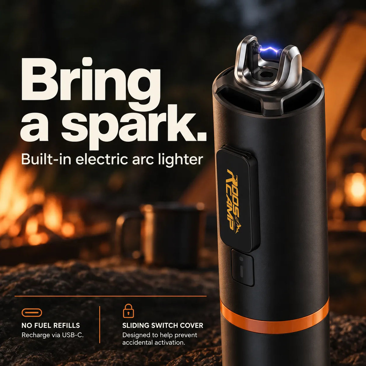 Close-up of ROOS CAMP Aero Pump Pro built-in electric arc lighter and safety switch