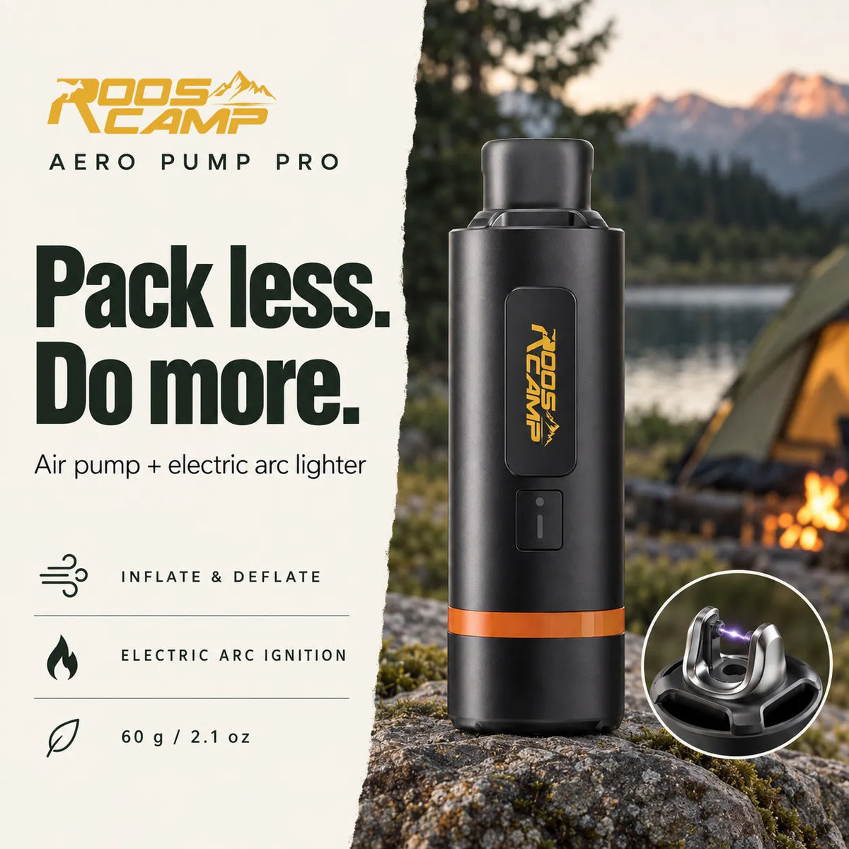 ROOS CAMP Aero Pump Pro outdoor air pump and electric arc lighter features banner showing 60g weight and inflate deflate functions