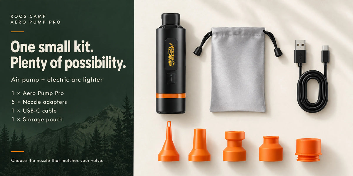 ROOS CAMP Aero Pump Pro complete unboxing package contents including nozzles, cable, and pouch