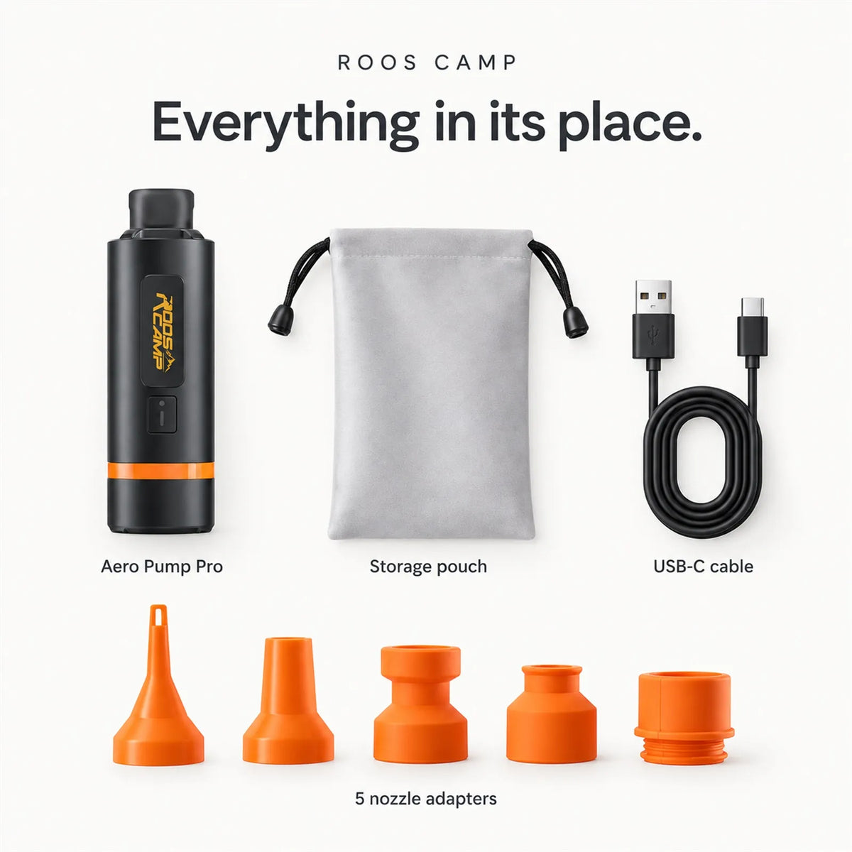 Complete unboxing kit of ROOS CAMP Aero Pump Pro with 5 nozzles and USB-C cable