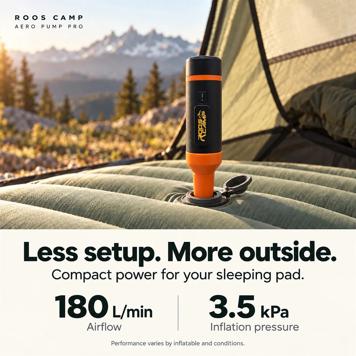 ROOS CAMP Aero Pump Pro inflating a camping sleeping pad at a tent campsite