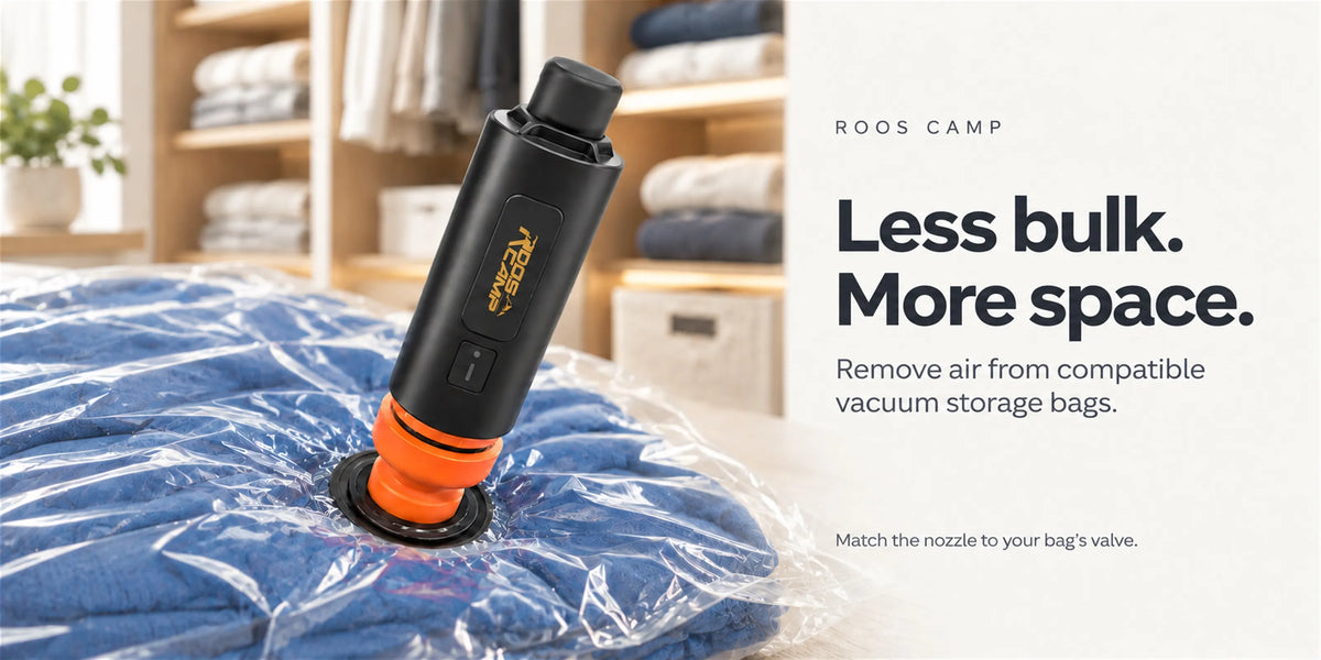 ROOS CAMP Aero Pump Pro deflating vacuum storage bags to save space for travel and camping