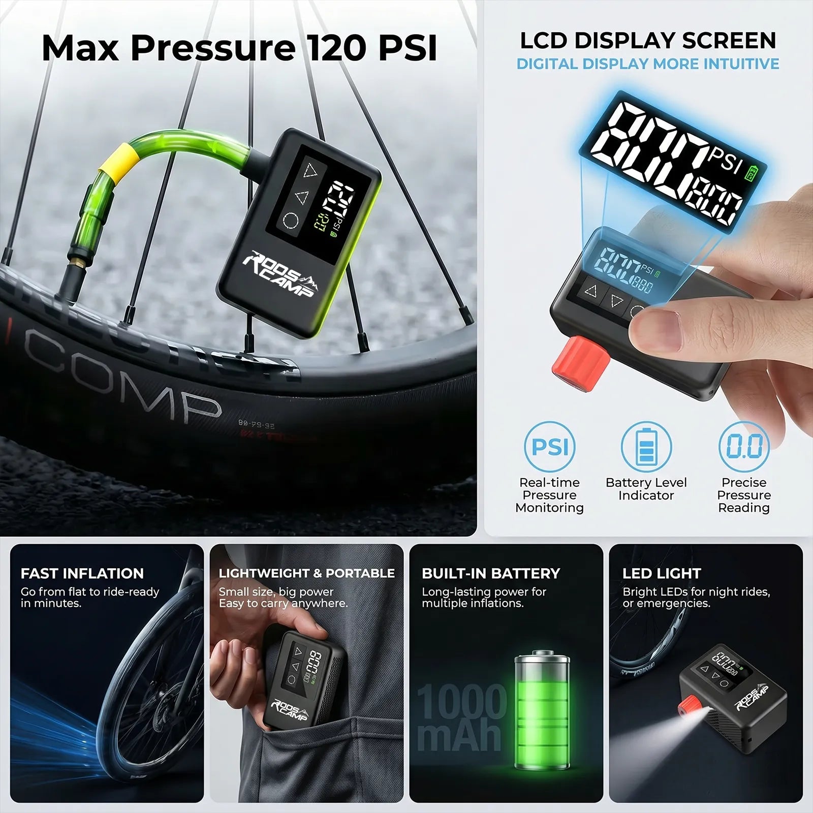 RoosCamp Air Master LT 120 PSI electric bike pump featuring LCD digital pressure gauge, real-time pressure monitoring, battery indicator and LED light