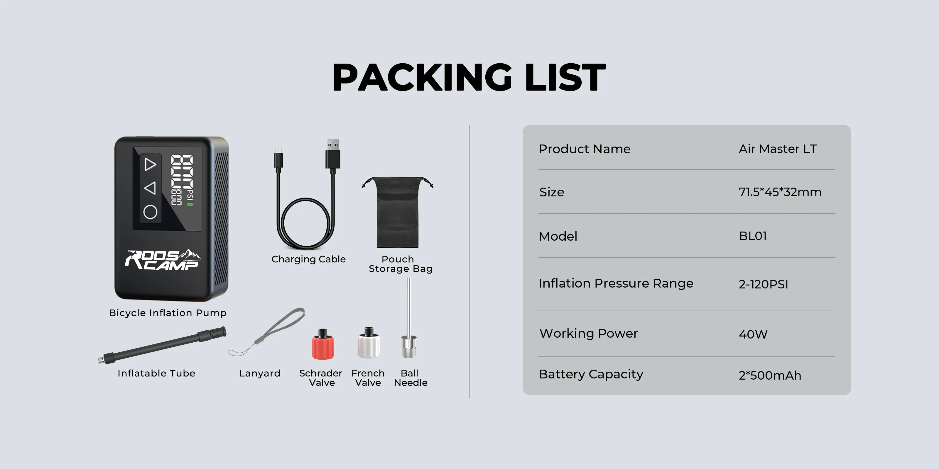 RoosCamp Air Master LT electric bike pump package including USB-C charging cable, storage bag, valve adapters and accessories