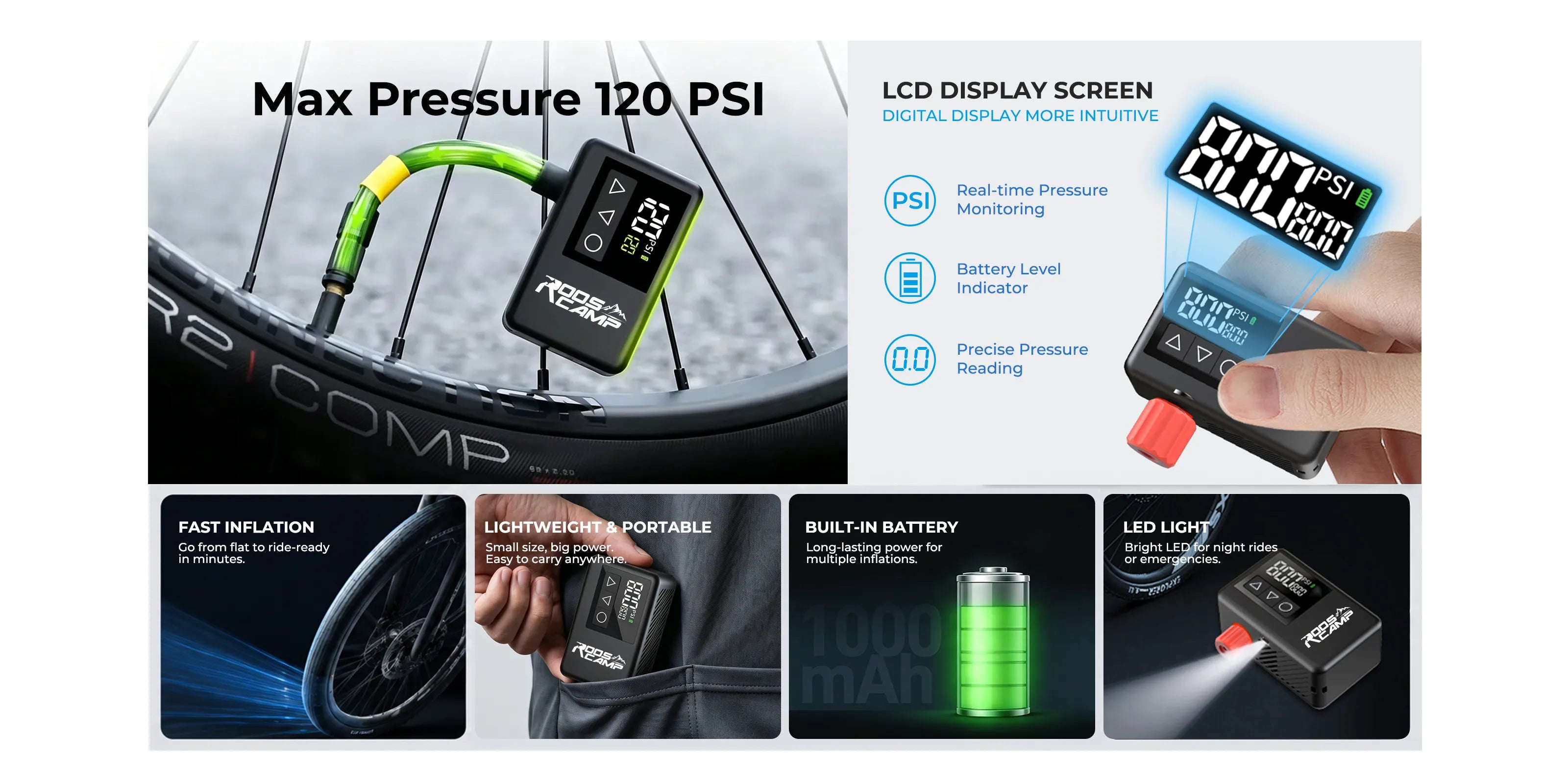 RoosCamp Air Master LT electric bike pump featuring digital pressure gauge, real-time PSI display and accurate tire inflation control