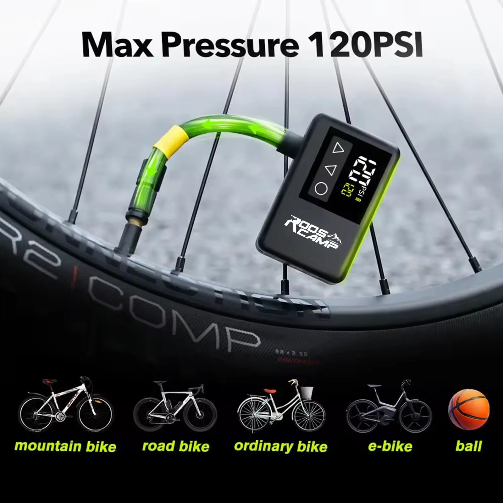 RoosCamp Air Master LT electric bike pump compatible with road bikes, mountain bikes, city bikes, e-bikes and bicycle tires up to 120 PSI