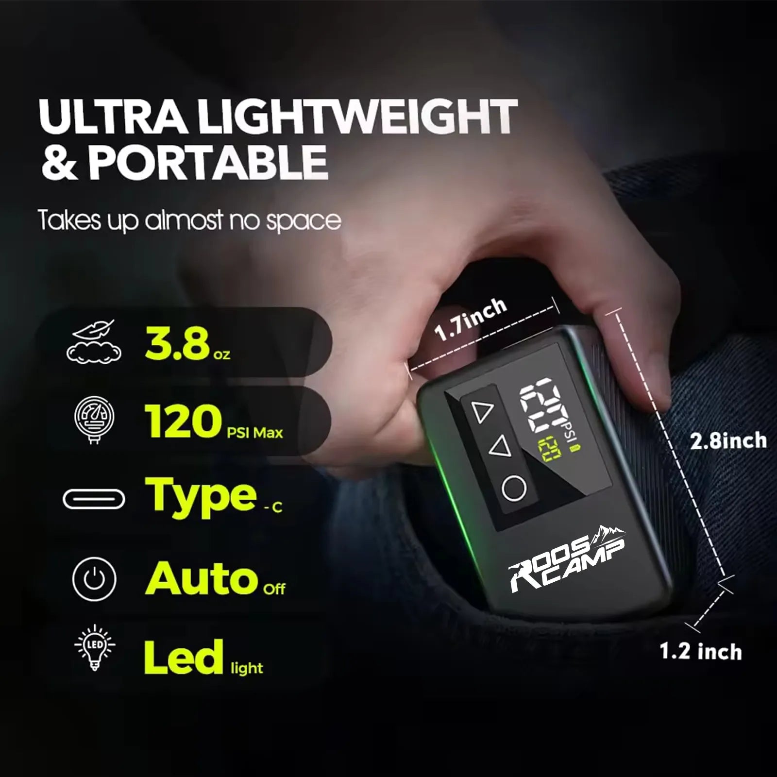 RoosCamp Air Master LT lightweight mini bike pump weighing only 118g with compact portable design for cyclists and outdoor riding