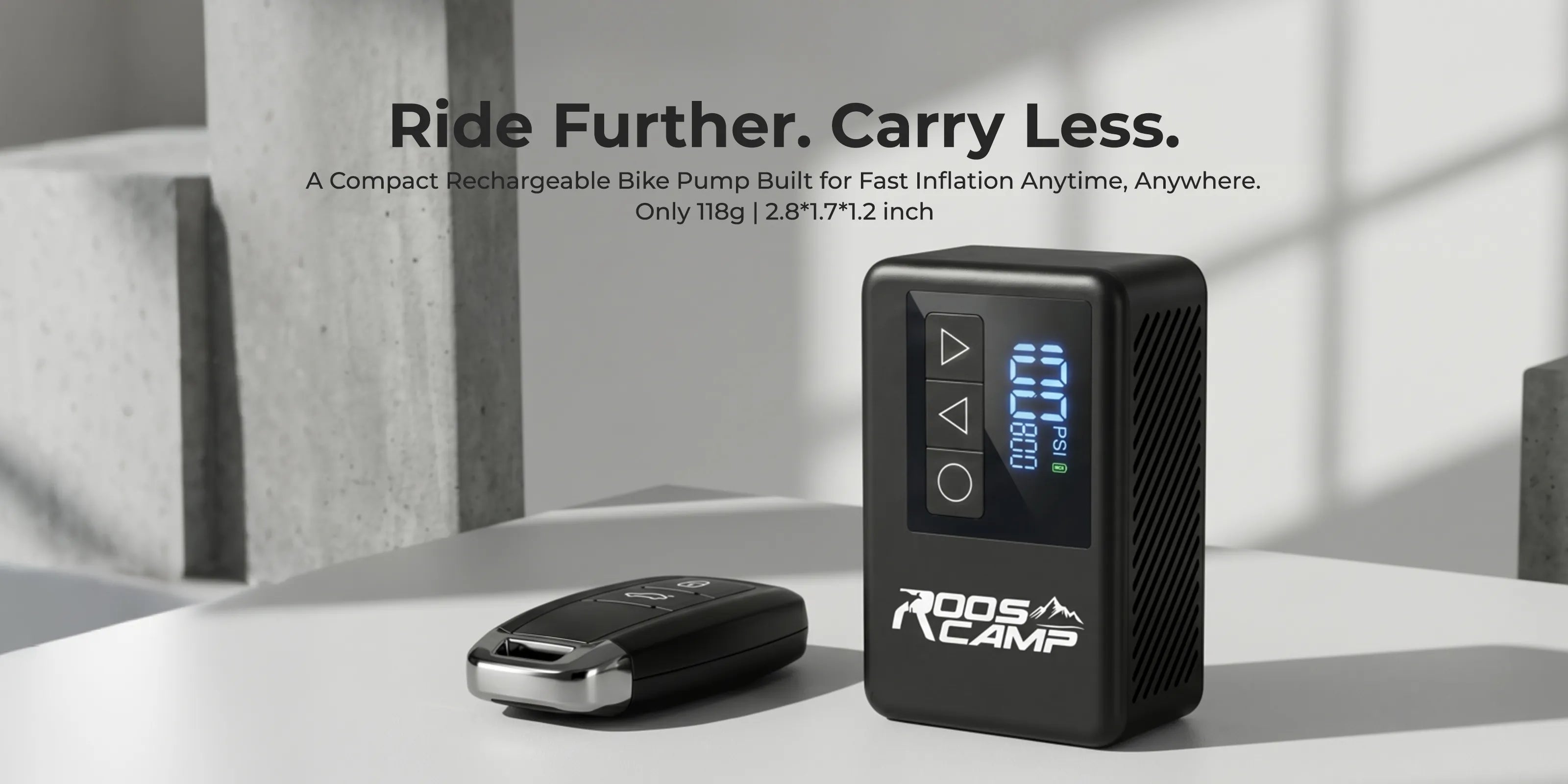 RoosCamp Air Master LT lightweight portable mini bike pump weighing 118g, designed for cycling backpacks and saddle bags