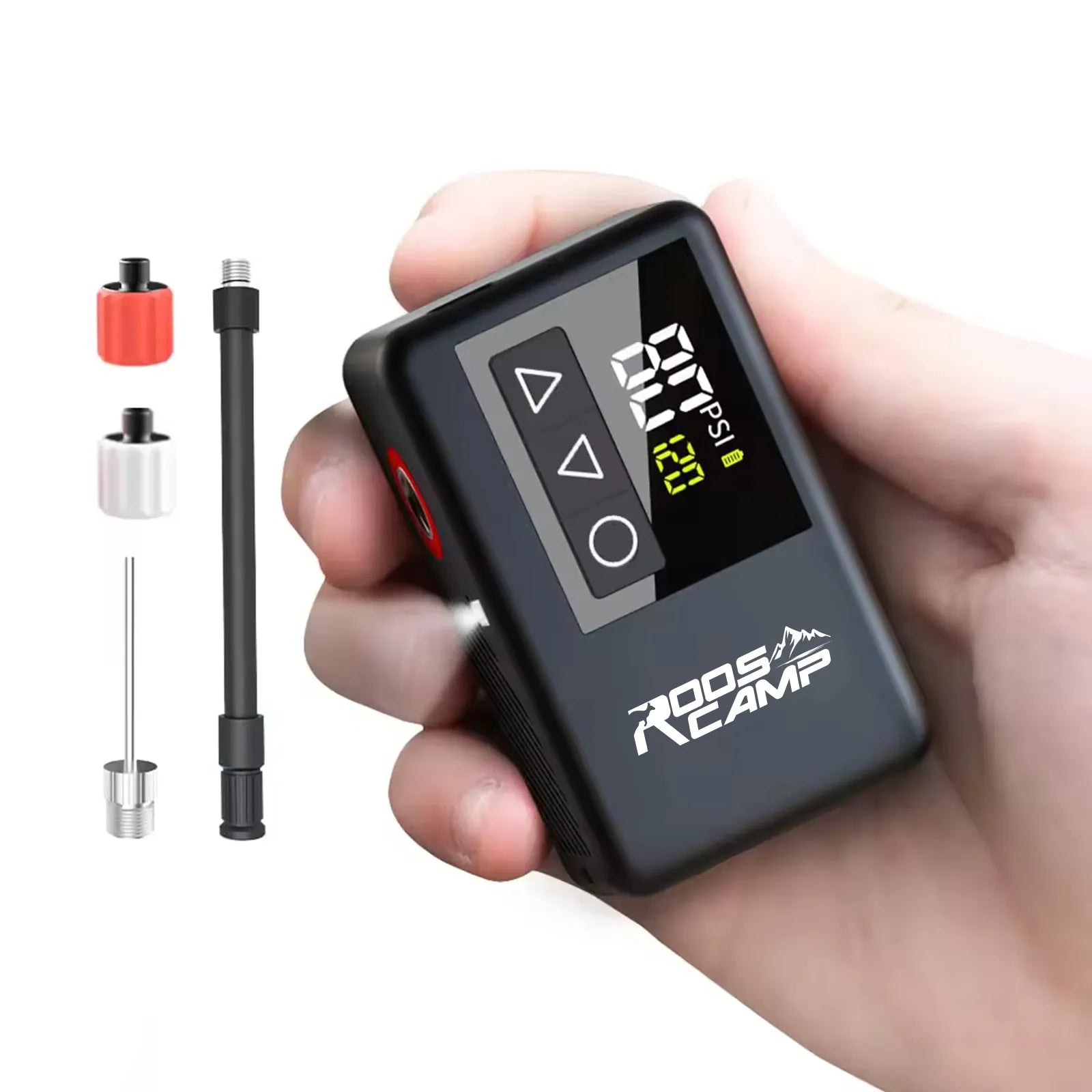RoosCamp Air Master LT mini electric bike pump with portable bicycle tire inflator and valve adapters, compact rechargeable pump for road and mountain bikes