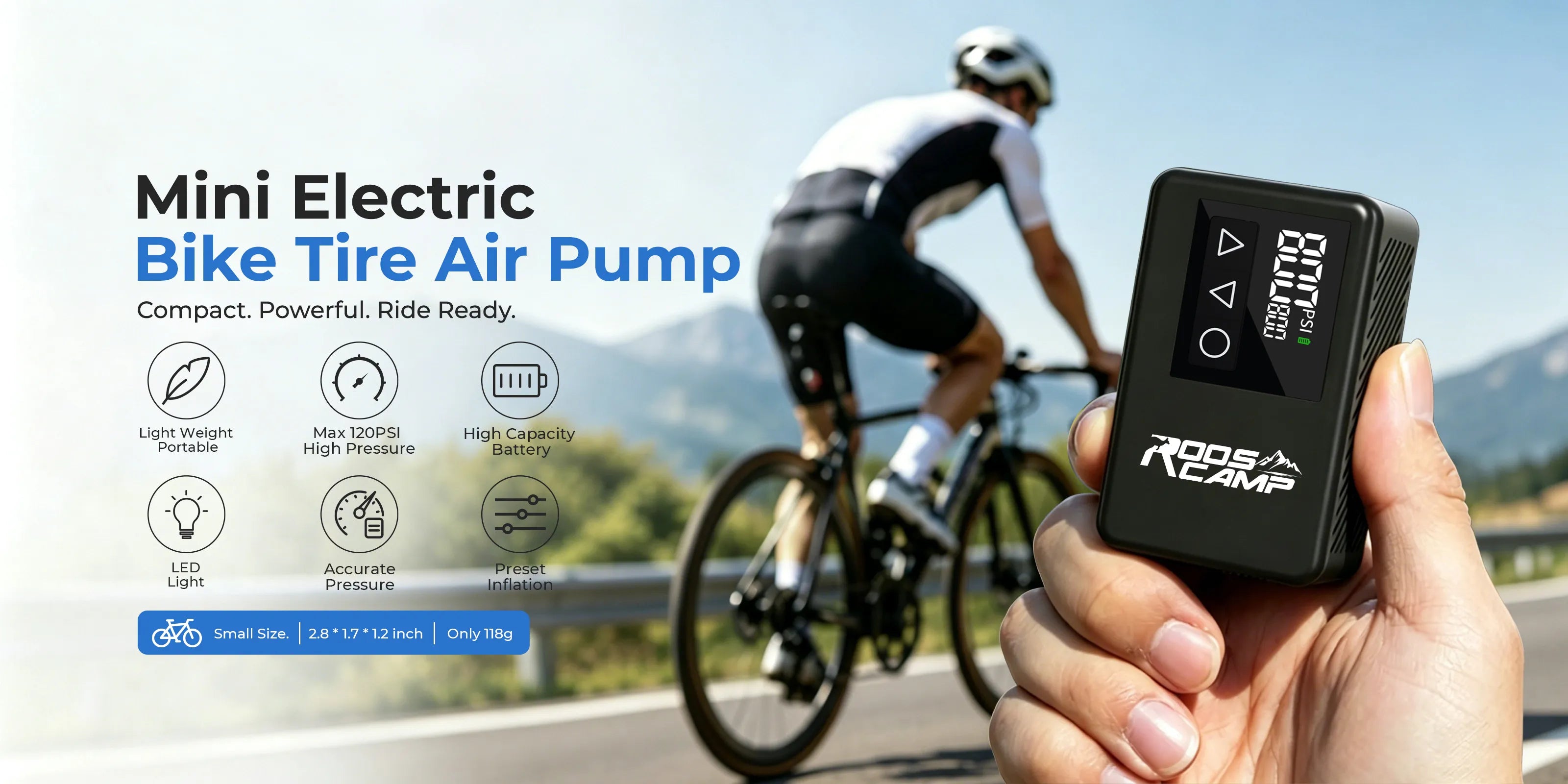 RoosCamp Air Master LT mini electric bike pump with 120 PSI pressure for portable bicycle tire inflation during road cycling
