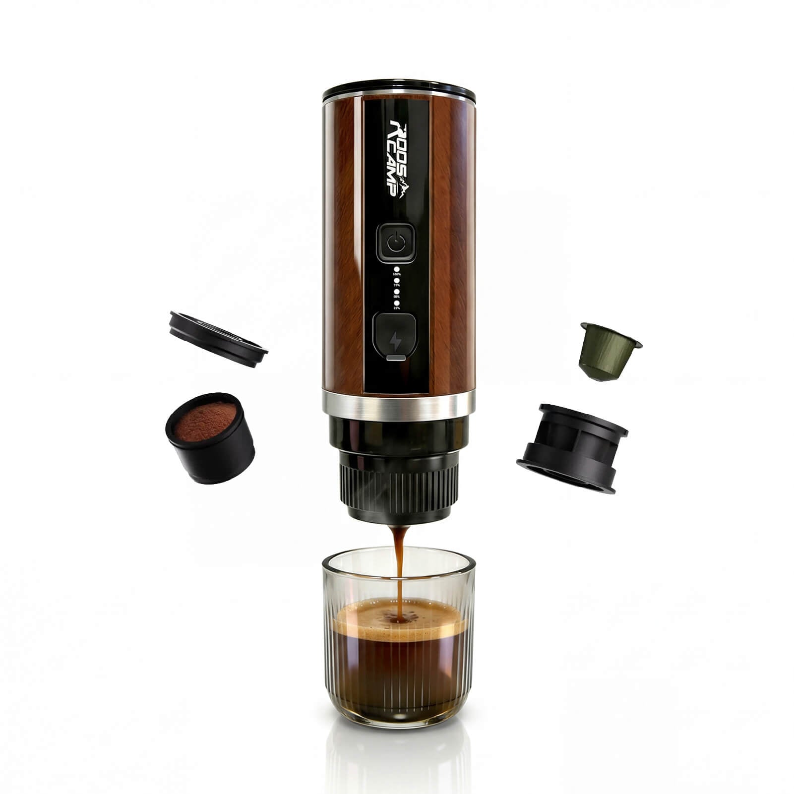 RoosCamp Pocket Esso extracting fresh coffee espresso with thick rich crema outdoors