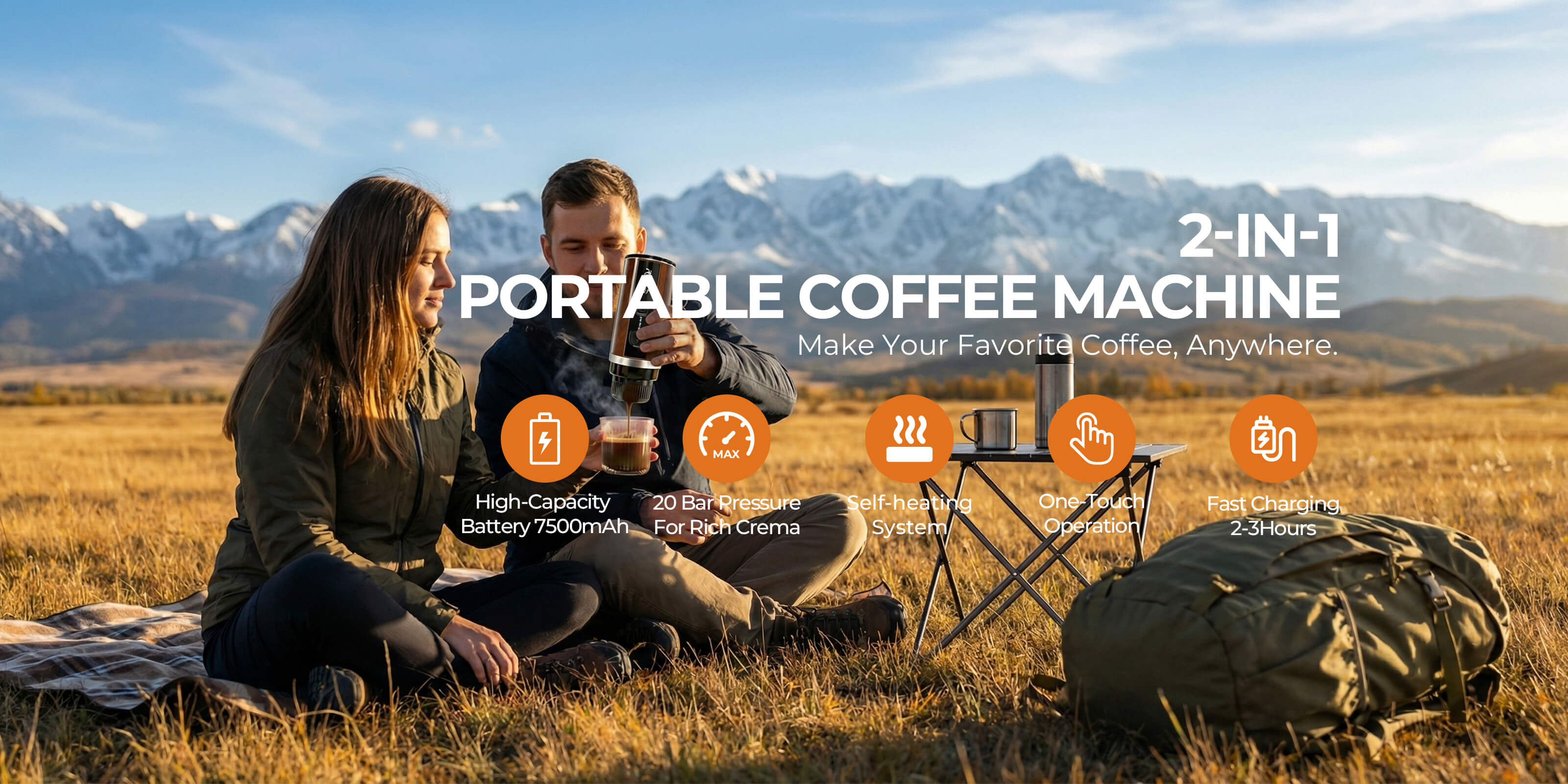 RoosCamp Pocket Esso portable espresso maker being used at a scenic mountain campsite, showcasing outdoor coffee freedom for hikers.