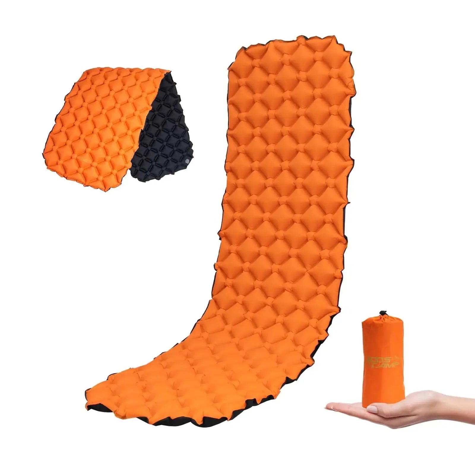 Orange and black RoosCamp RoosPad Ultra inflatable sleeping pad fully expanded beside its matching stuff sack