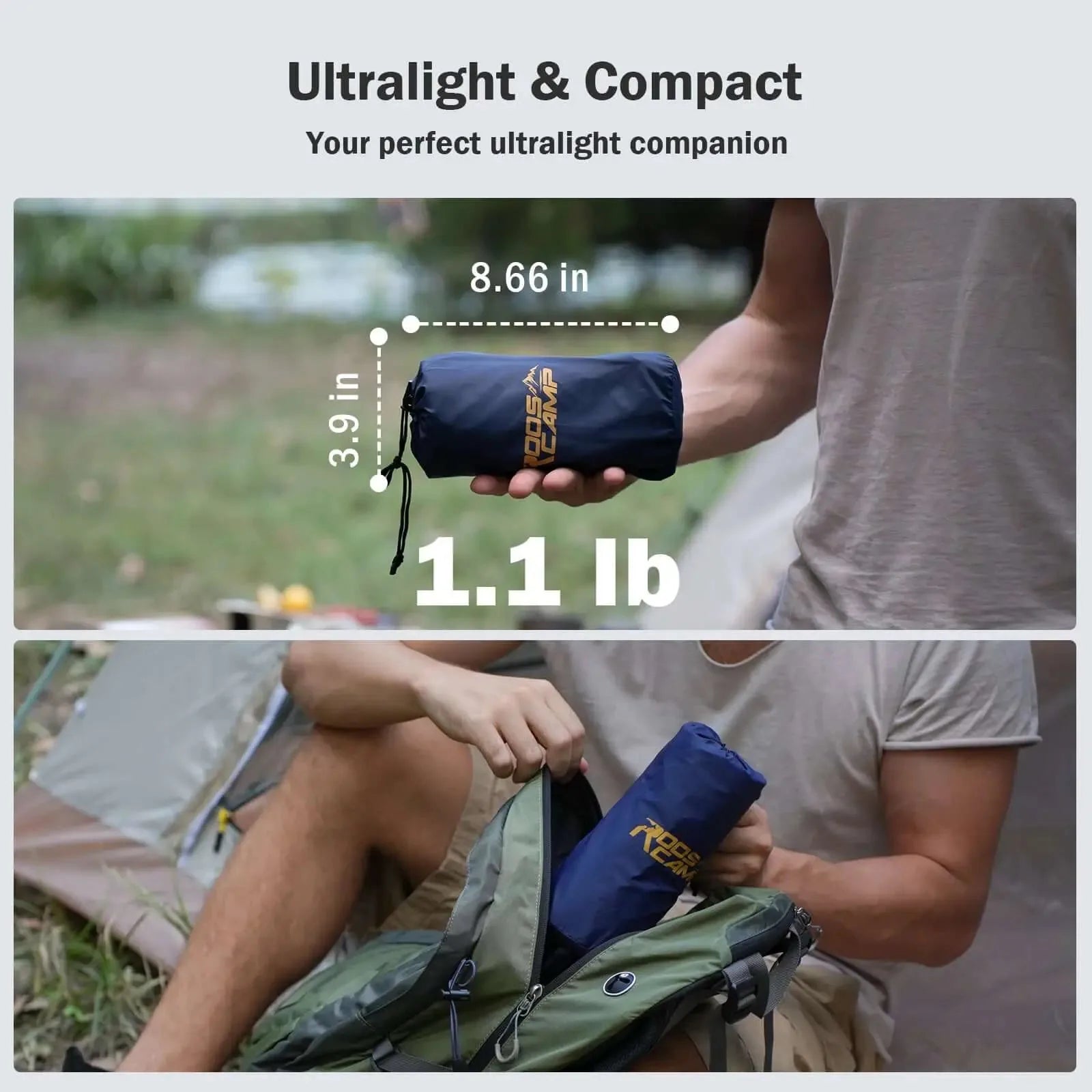 RoosPad Ultra packed camping sleeping pad held in one hand beside a backpack, showing its compact folded size