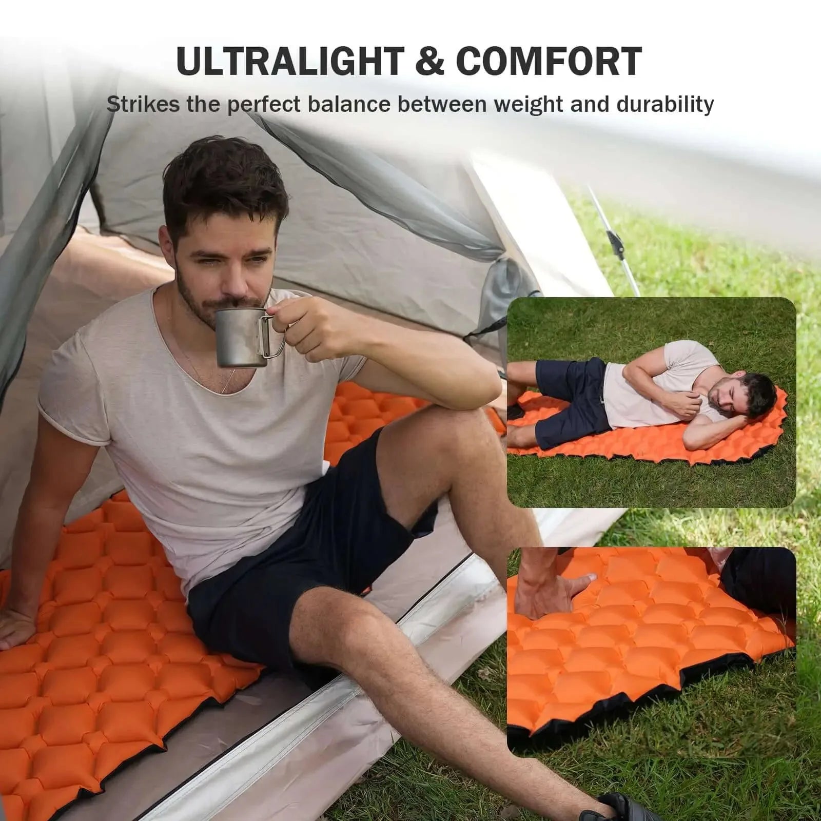 RoosPad Ultra sleeping pad shown for camping, hiking, travel and beach use in a four-panel outdoor lifestyle graphic